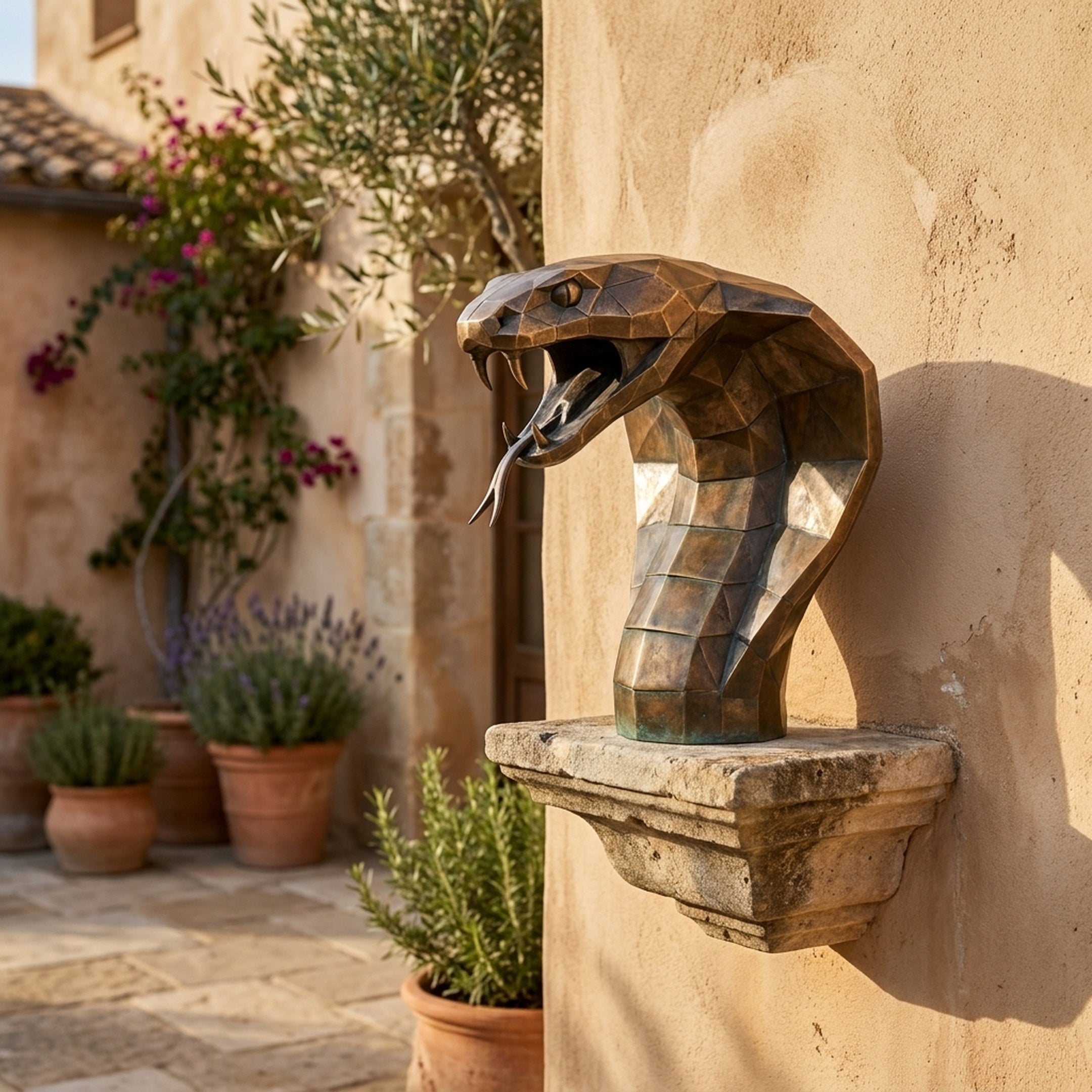 Contemporary Geometric Cobra Head Bronze Sculpture by Giant Sculptures, 45cm, mounted on a stone corbel against a sunlit Mediterranean courtyard wall.