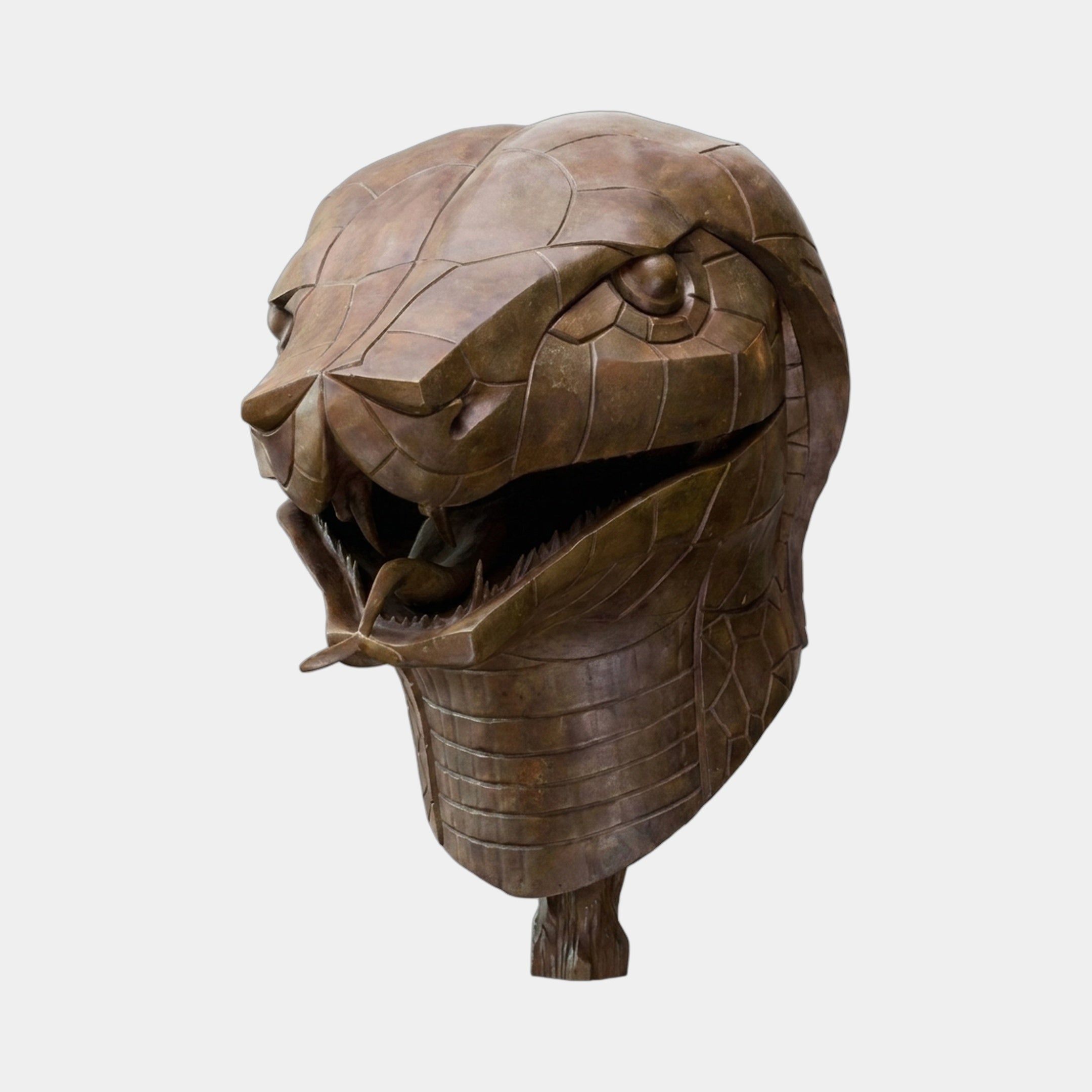 Contemporary Geometric Cobra Head Bronze Sculpture by Giant Sculptures, jaws open with forked tongue, faceted scales in warm brown patina on plain background.