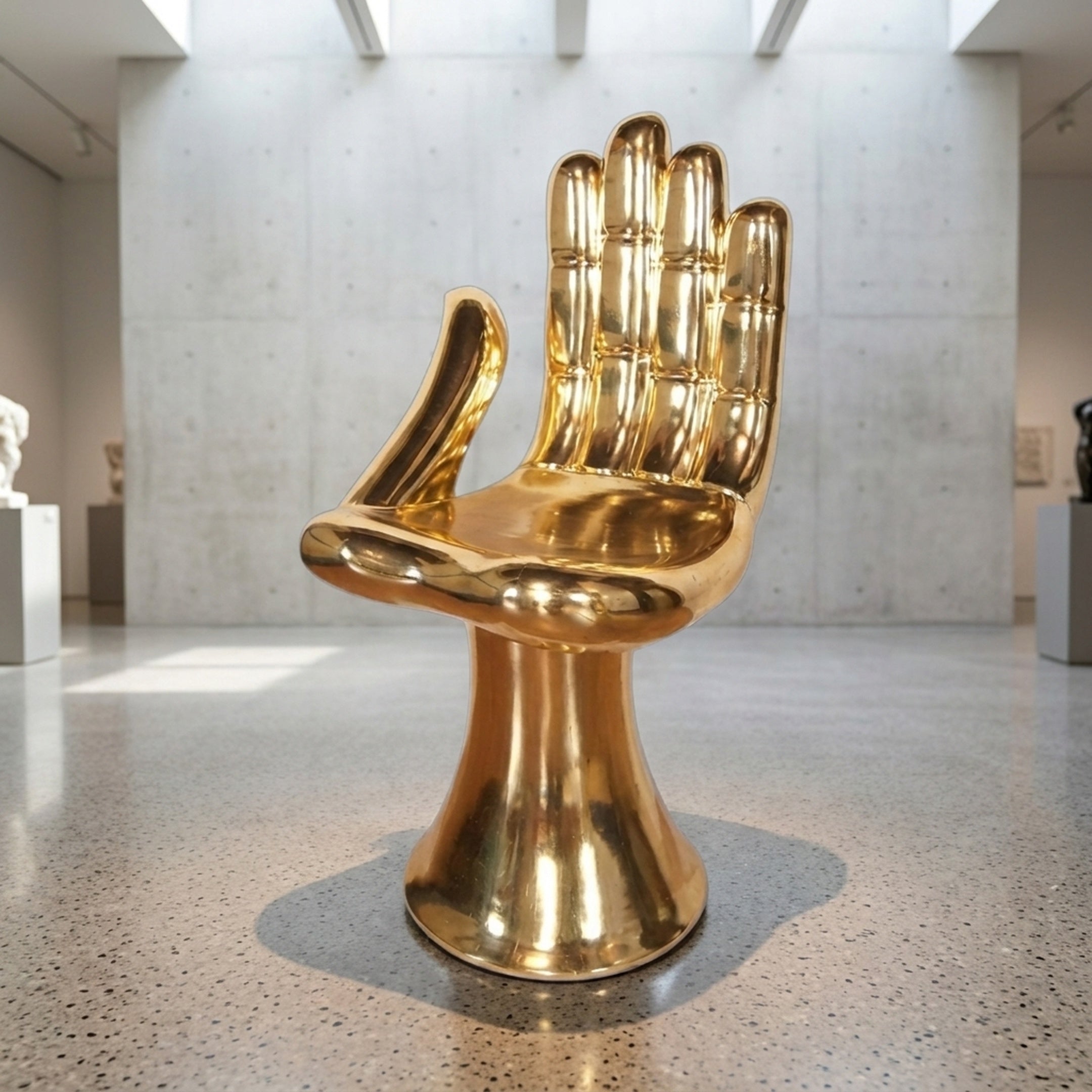 Contemporary Hand-Form Chair Bronze Sculpture by Giant Sculptures in mirror-polished gold, shaped as an upright hand on a flared pedestal in a gallery.