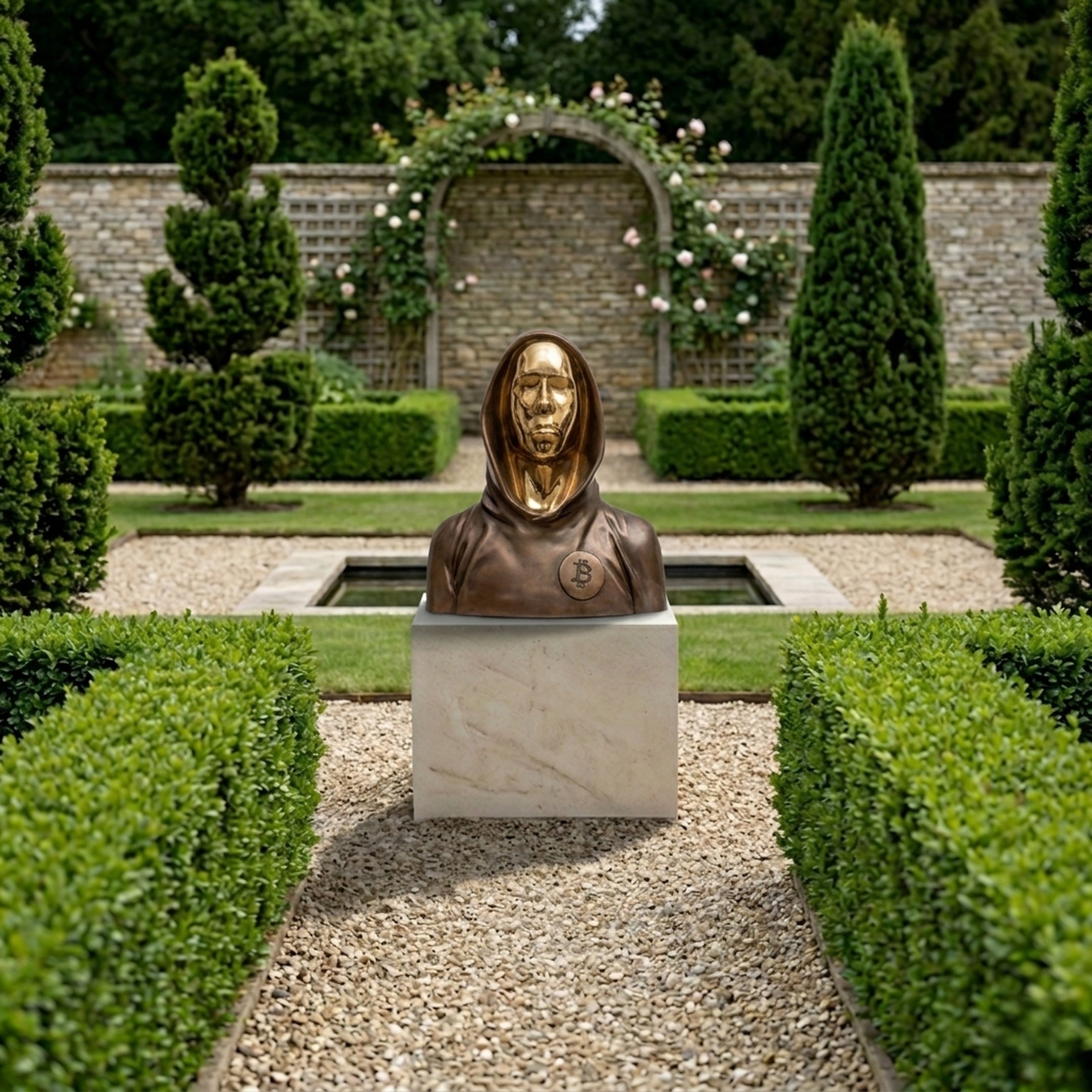 Giant Sculptures Contemporary Hooded Anonymous Bust in bronze with polished gold mask and Bitcoin medallion, on a pale marble plinth in a hedged garden.