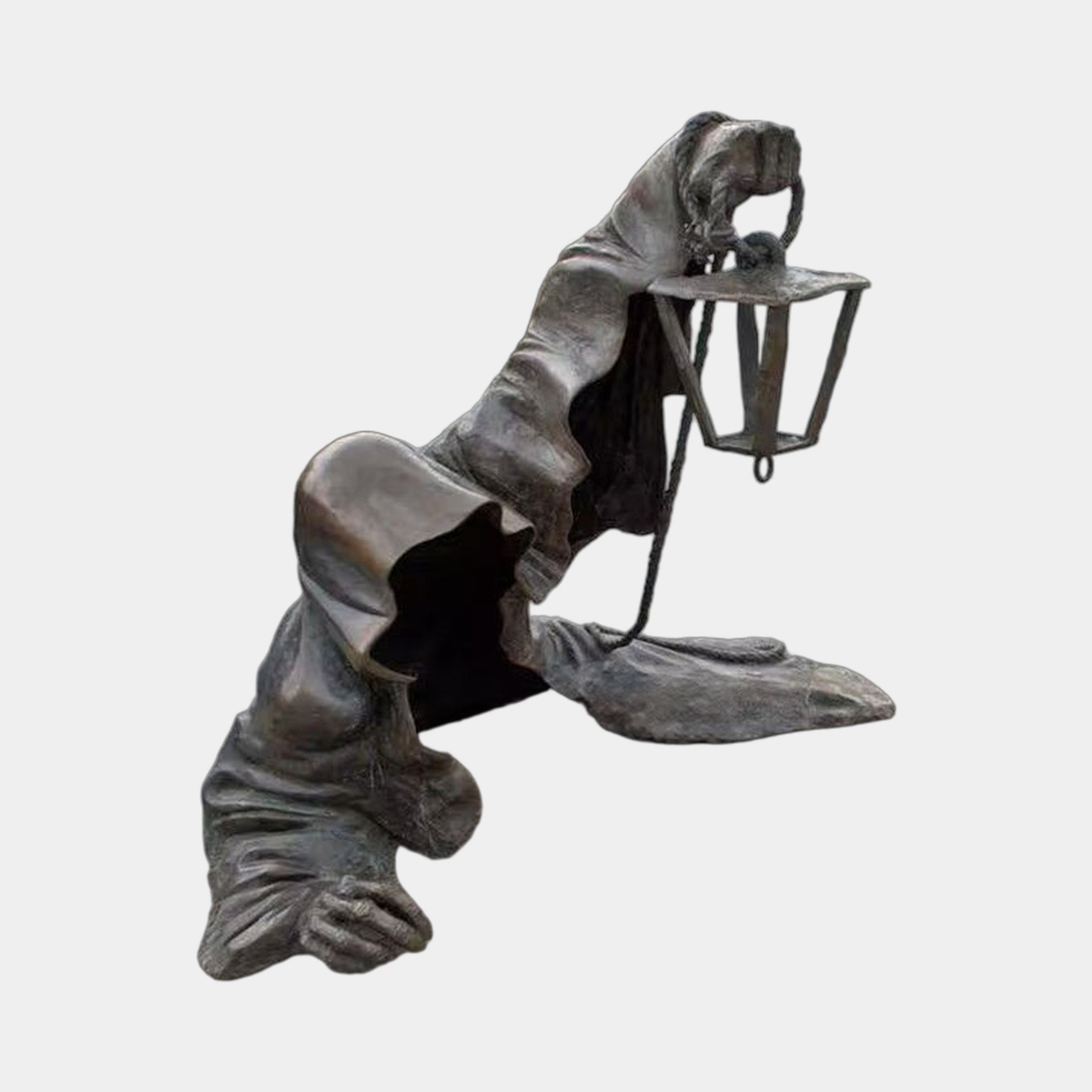 Giant Sculptures' 150cm Contemporary Hooded Phantom Figure Bronze Sculpture, a cloaked faceless figure crawling forward with a raised lantern, shown on a plain background.
