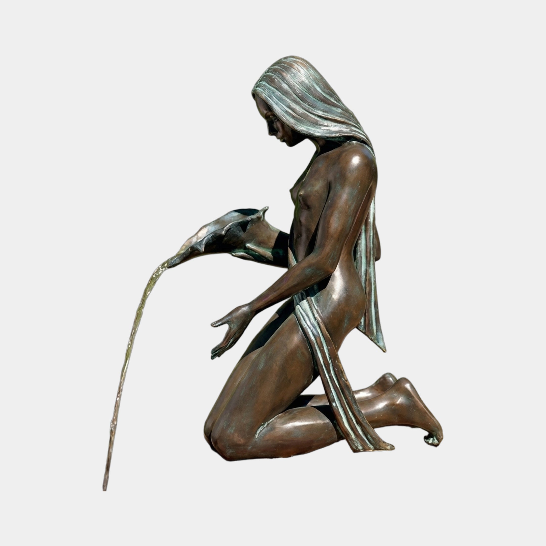 Giant Sculptures Contemporary Kneeling Female Figure Bronze Fountain 90cm, side view of nude woman kneeling pouring water from a shell vessel, on plain background.