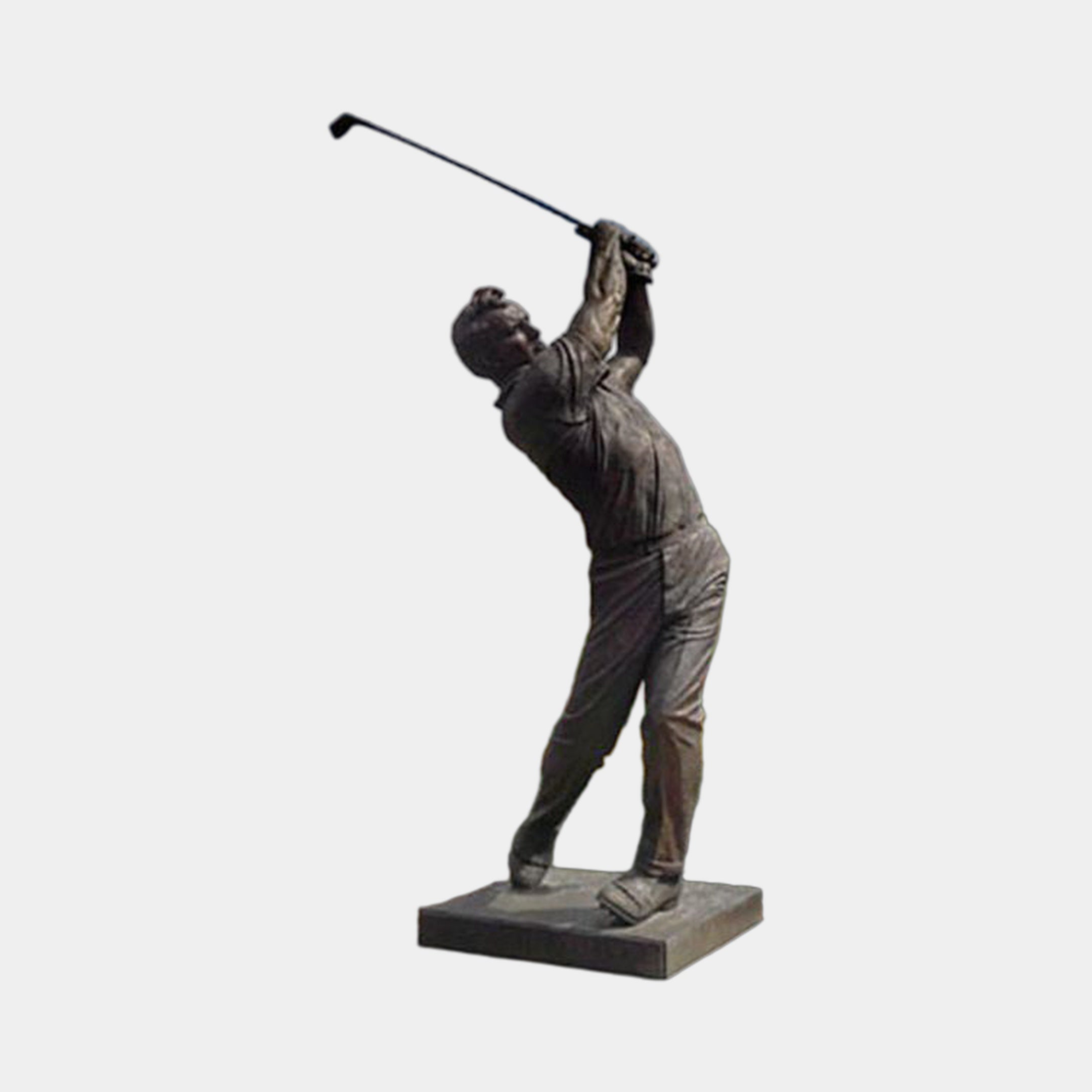 Contemporary Life-Size Male Golfer Bronze Sculpture by Giant Sculptures, shown mid follow-through with club raised, dark brown patina, on a rectangular plinth.