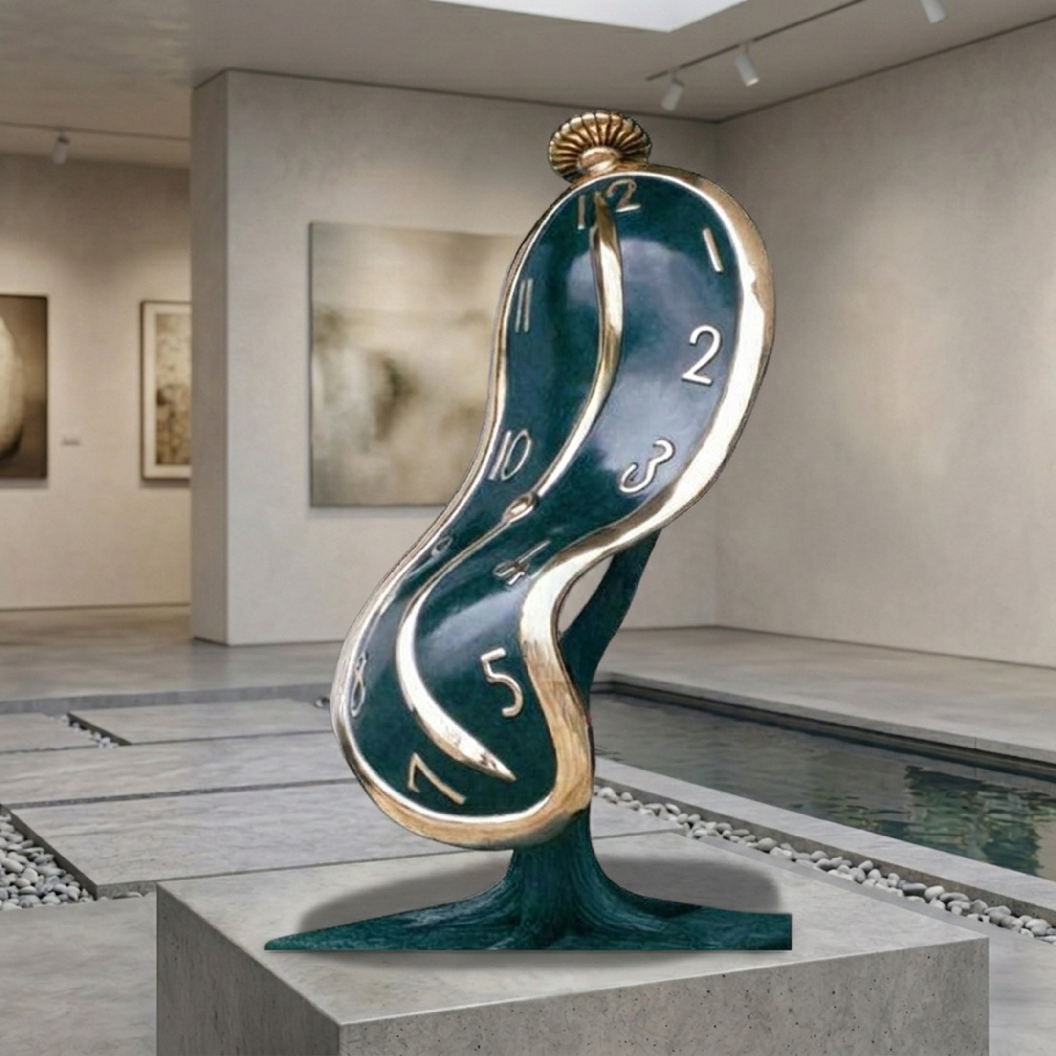 Contemporary Melting Clock Bronze Sculpture by Giant Sculptures, 70cm teal and gold patina piece displayed on a concrete plinth beside a reflecting pool in a gallery.