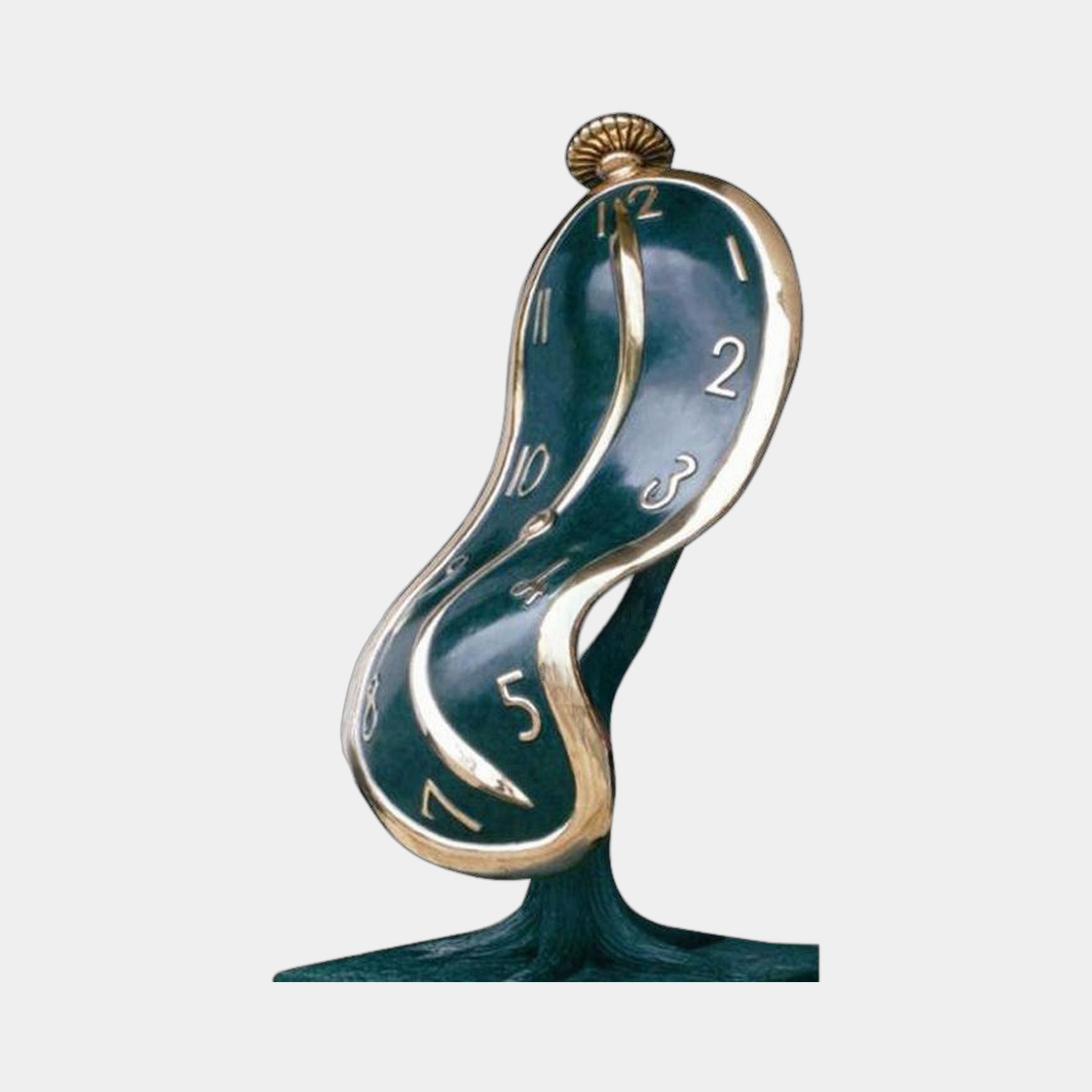 Contemporary Melting Clock Bronze Sculpture by Giant Sculptures, 70cm, with a teal-green S-curved face, gold-tone numerals, and a branching base on a plain background.