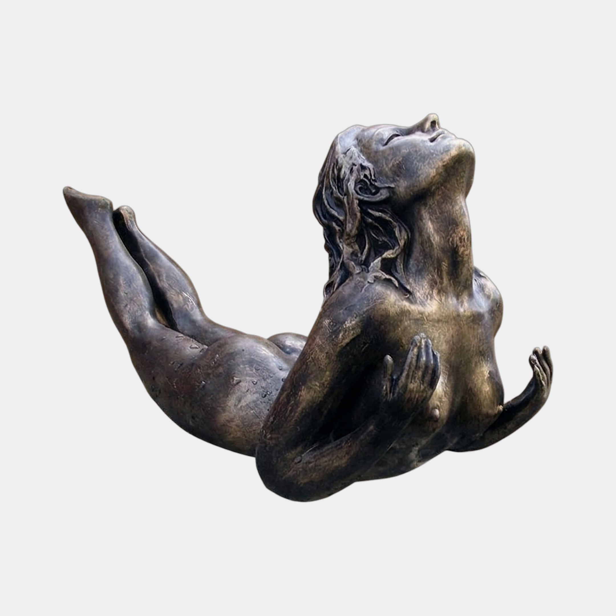 Giant Sculptures Contemporary Reclining Female Figure Bronze Fountain 50cm, nude figure arched back with legs raised, dark patina, on a plain background.