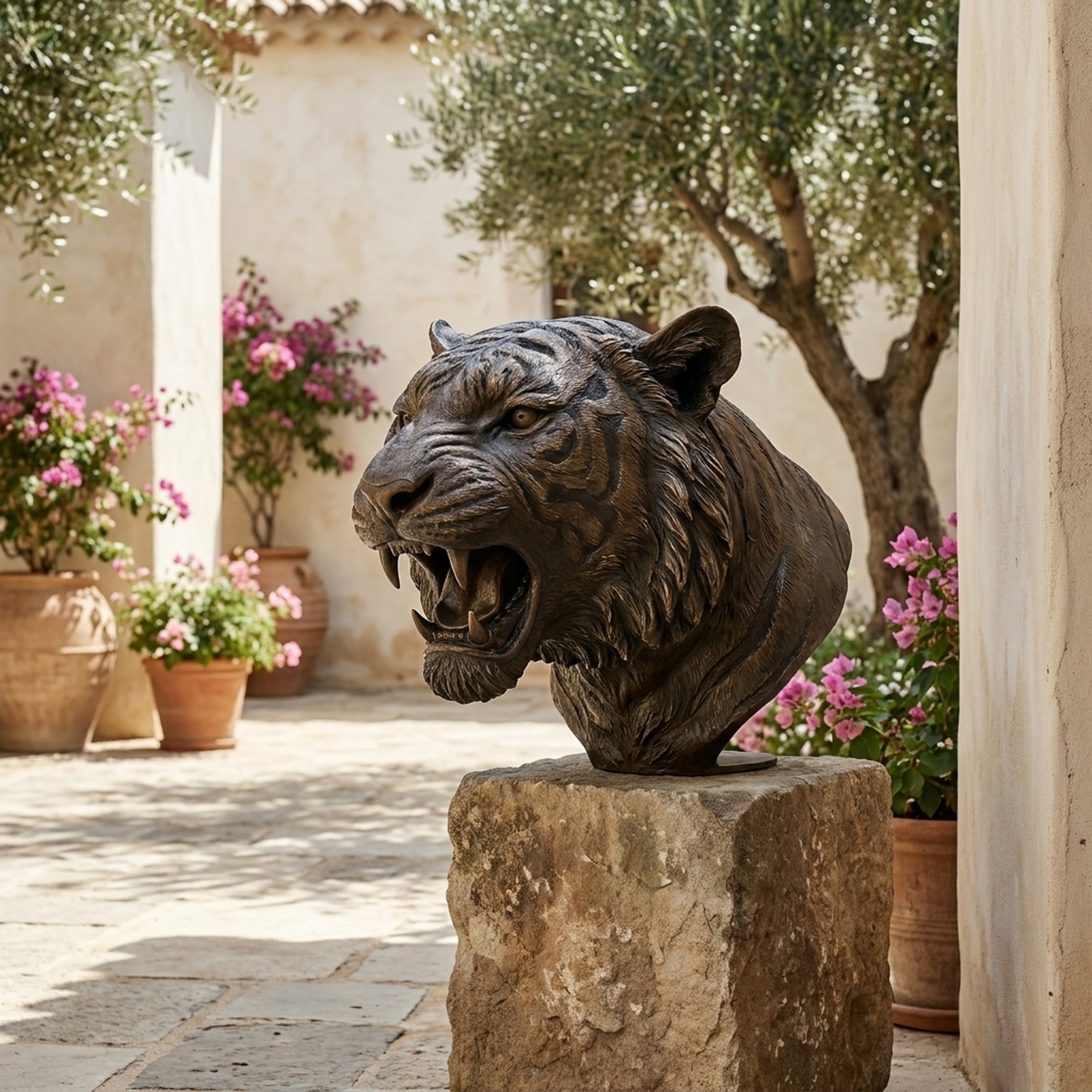 Contemporary Roaring Tiger Head Bronze Bust by Giant Sculptures shown in profile on a stone plinth in a Mediterranean courtyard with olive trees and bougainvillea.
