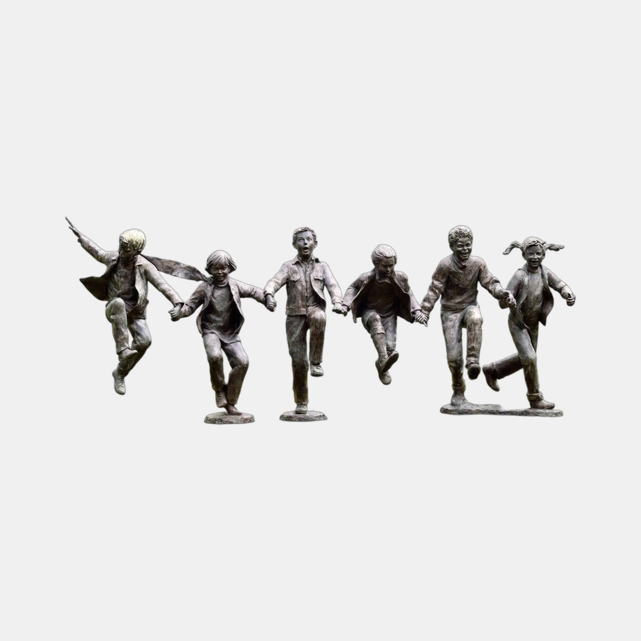 Contemporary Running Children Bronze Sculpture by Giant Sculptures, six child figures mid-stride with outstretched arms and dark patina, shown on a plain background.