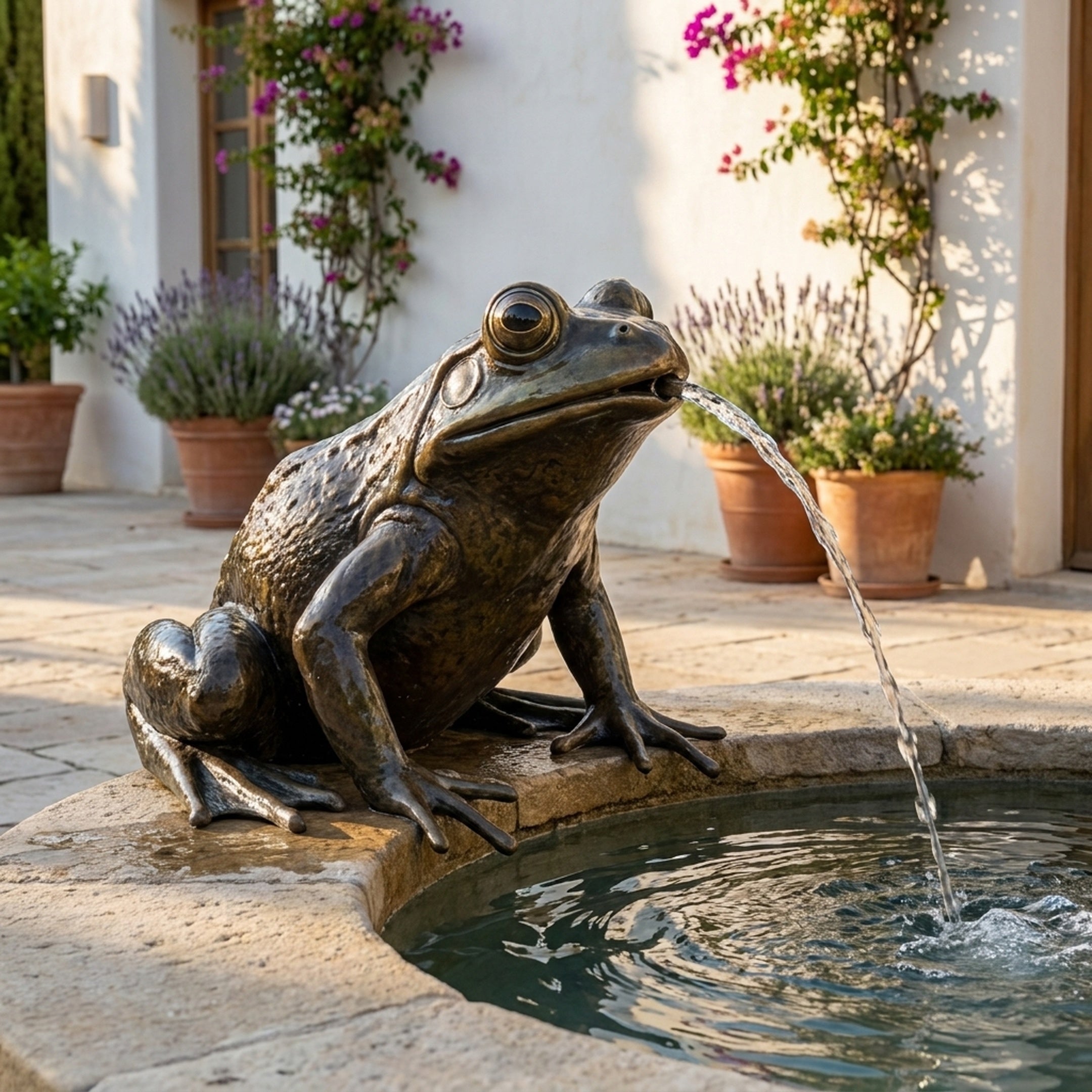 Contemporary Seated Frog Bronze Fountain by Giant Sculptures, 150cm, spouting water from its open mouth into a stone basin in a sunlit courtyard.
