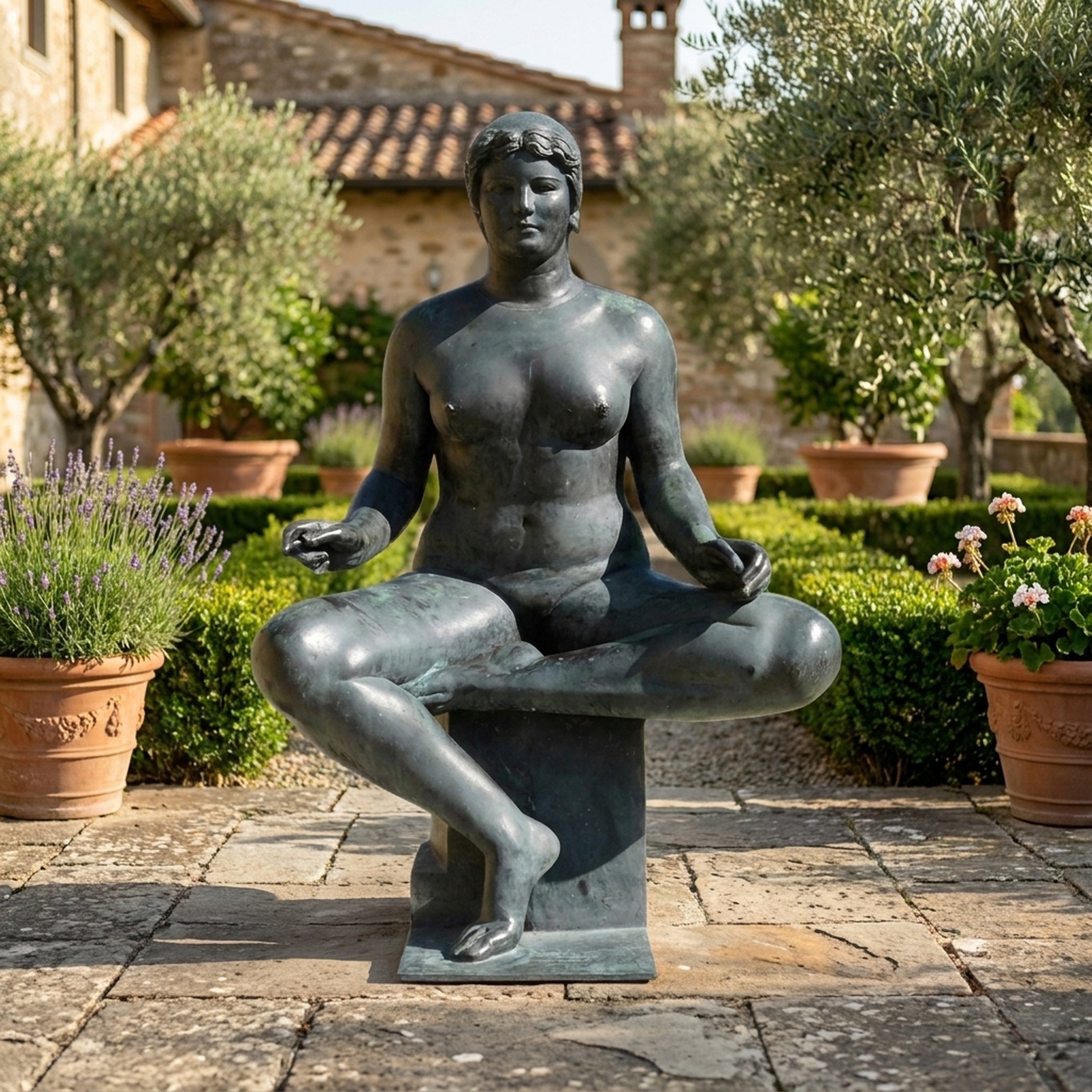 Contemporary Seated Nude Female Bronze Sculpture by Giant Sculptures in verdigris patina, cross-legged on a plinth in a Tuscan courtyard garden.