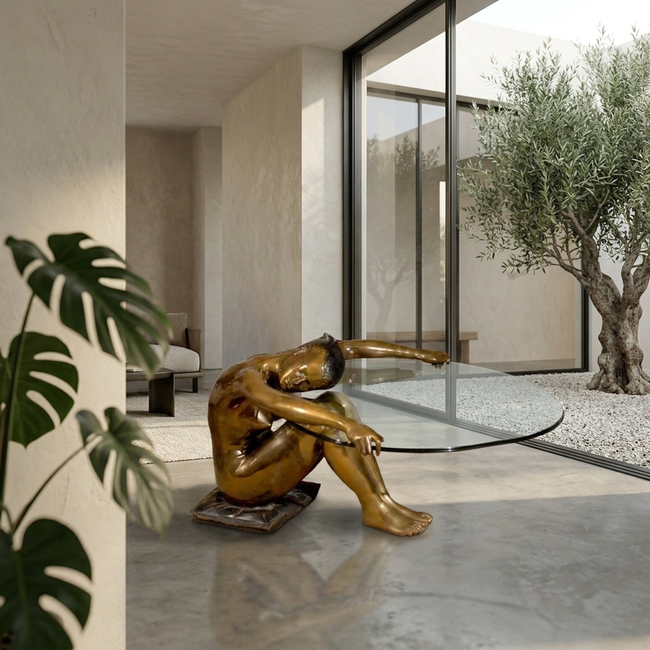 Contemporary Seated Nude Female Figure Bronze Sculpture by Giant Sculptures in golden-brown patina, supporting an oval glass tabletop in a minimalist room beside a courtyard olive tree.