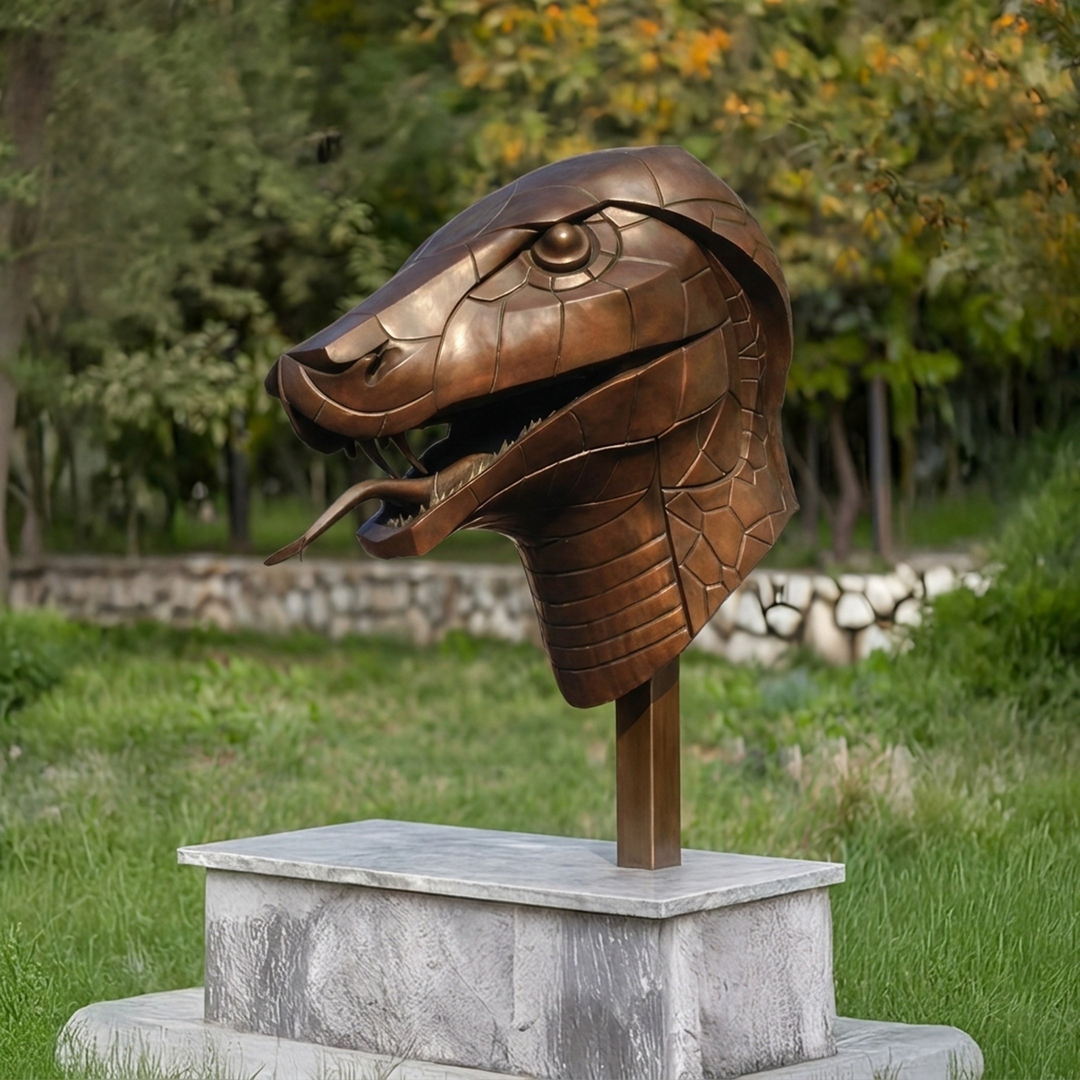 Contemporary Snake Head Bronze Sculpture by Giant Sculptures shown in profile with open fanged mouth and extended tongue, mounted on a stone plinth outdoors.
