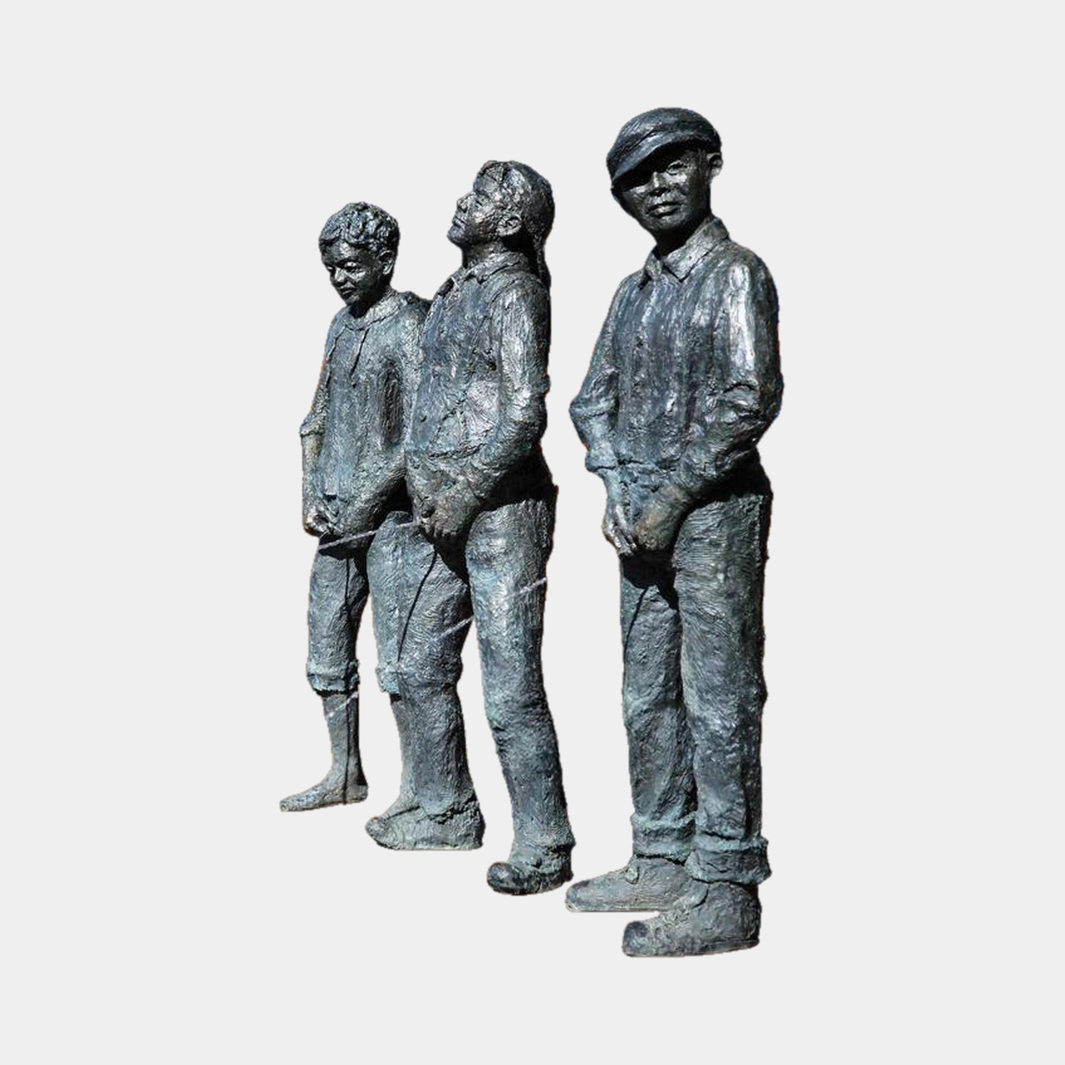Contemporary Three Boys Peeing Bronze Fountain by Giant Sculptures, 130cm trio of cap-wearing boy figures in dark patina, shown against a plain background.