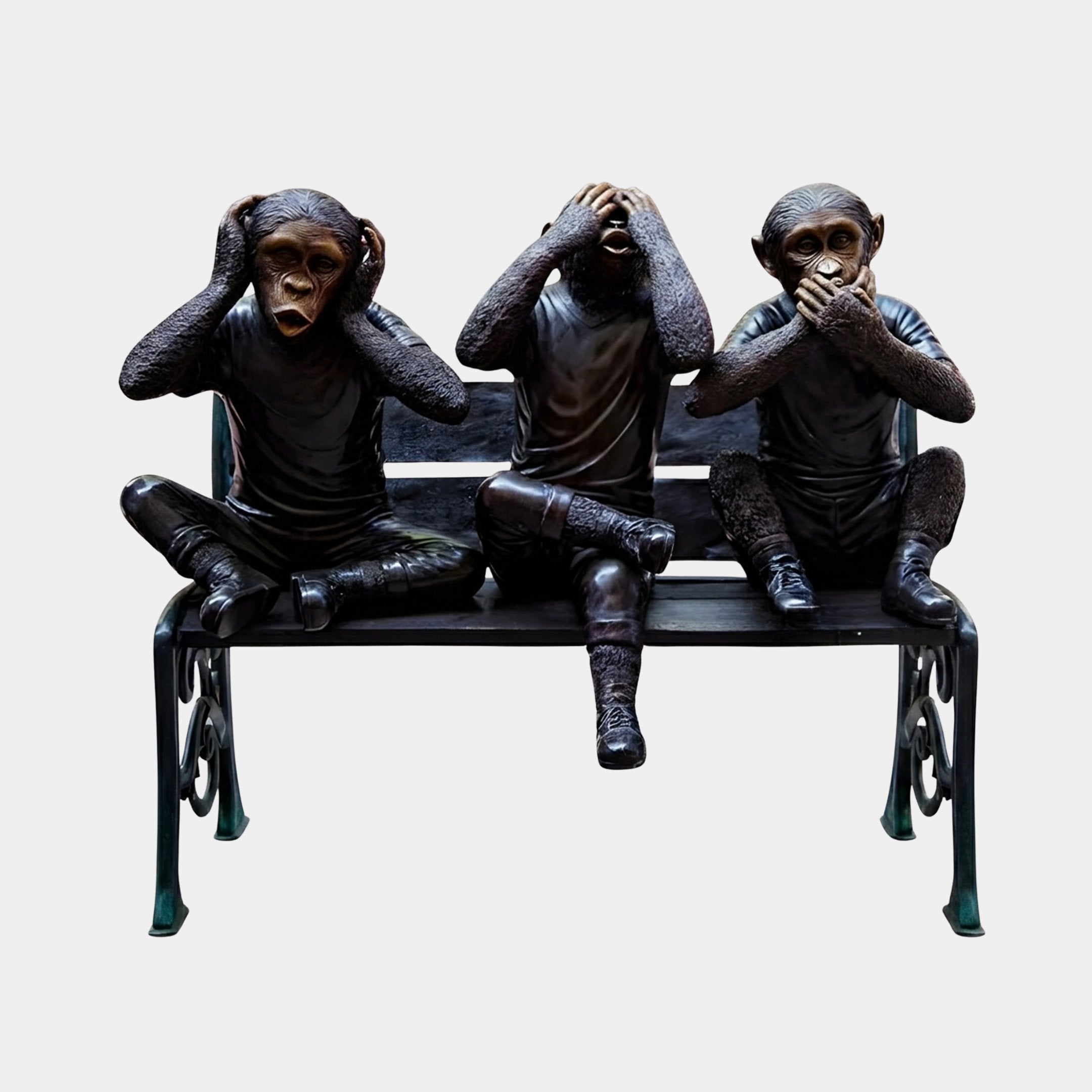 Contemporary Three Wise Monkeys Bronze Sculpture, 100cm, cast bronze chimpanzees seated on an ornate bench covering eyes, ears and mouth, dark finish, plain white background.