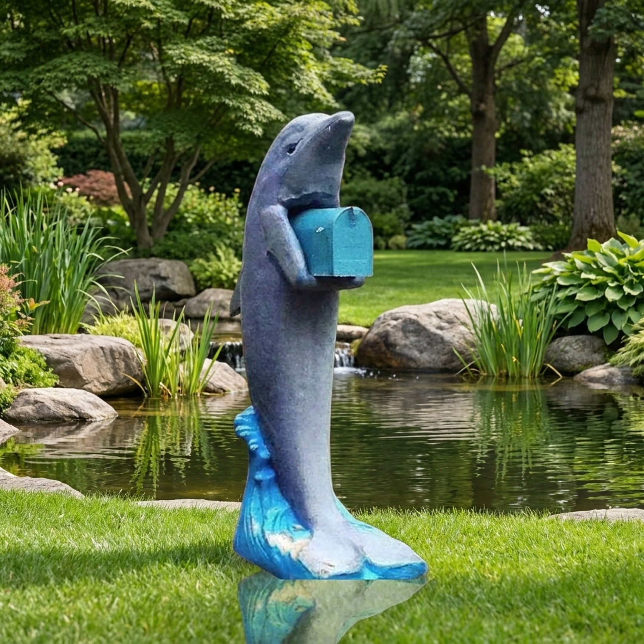 Contemporary Upright Dolphin and Mailbox Bronze Sculpture by Giant Sculptures in blue-grey with cobalt wave base, displayed beside a landscaped garden pond.