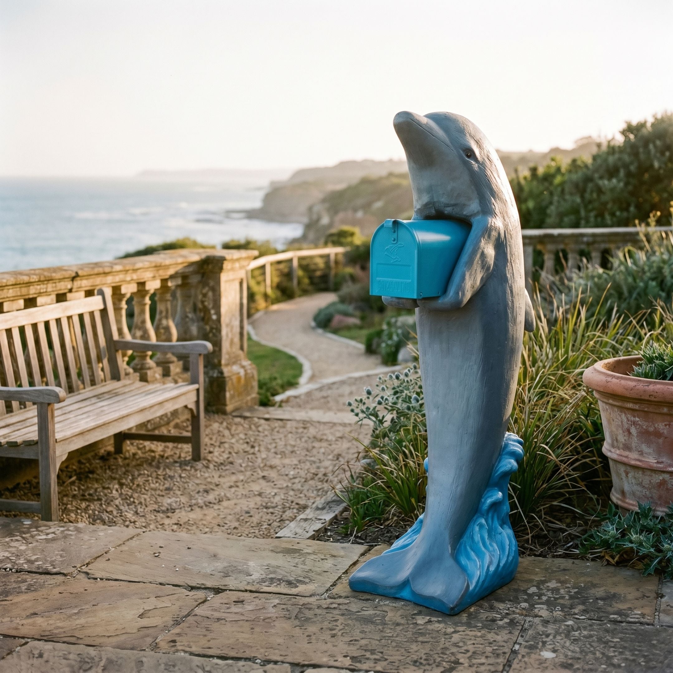 Contemporary Upright Dolphin and Mailbox Bronze Sculpture by Giant Sculptures, blue-grey dolphin holding a teal mailbox on a cobalt wave base by a coastal terrace.