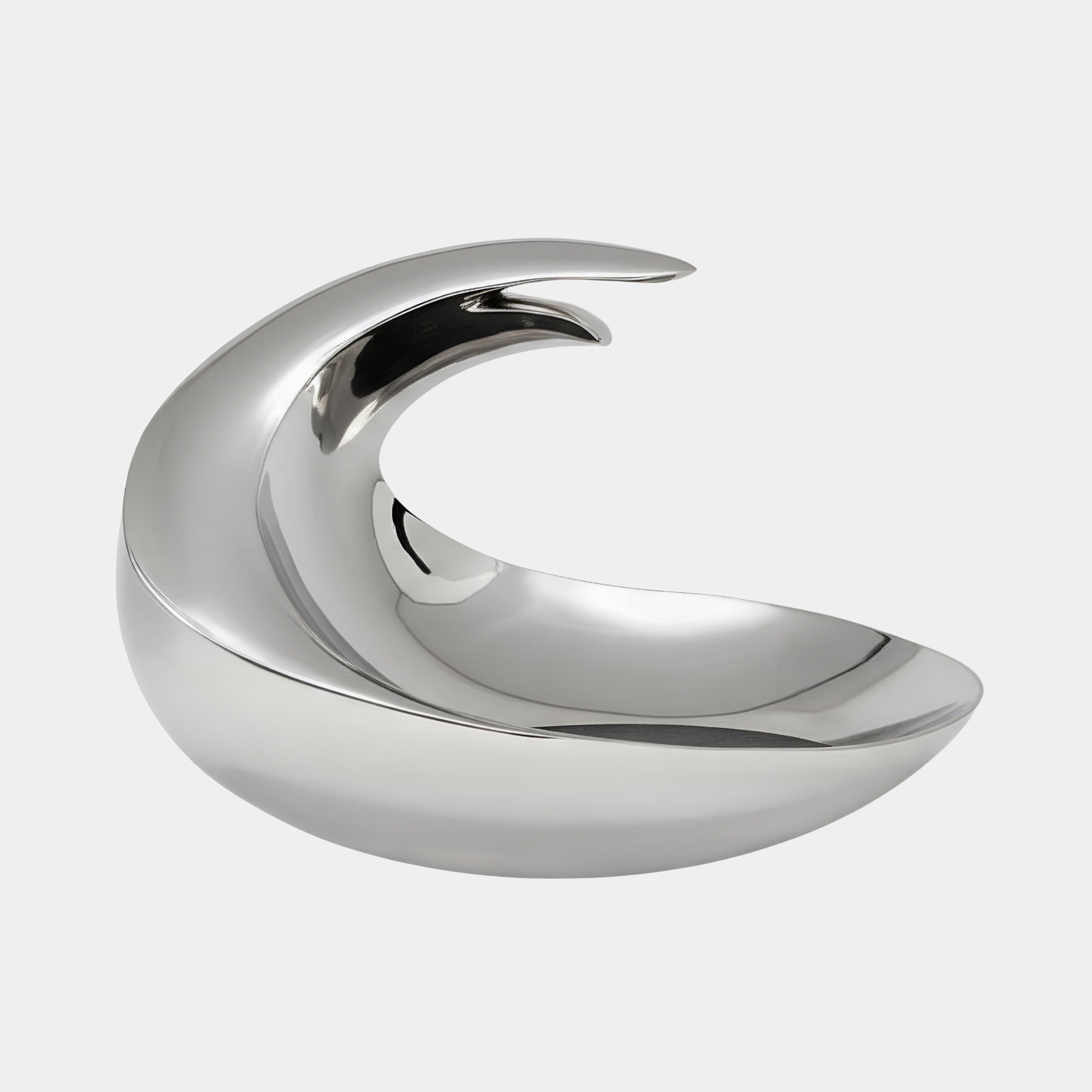 The Curl Silver Abstract Wave Steel Sculpture by Giant Sculptures features a smooth, reflective surface and modern minimalist design. At 180cm, it resembles a stylized ocean wave in shiny silver steel.