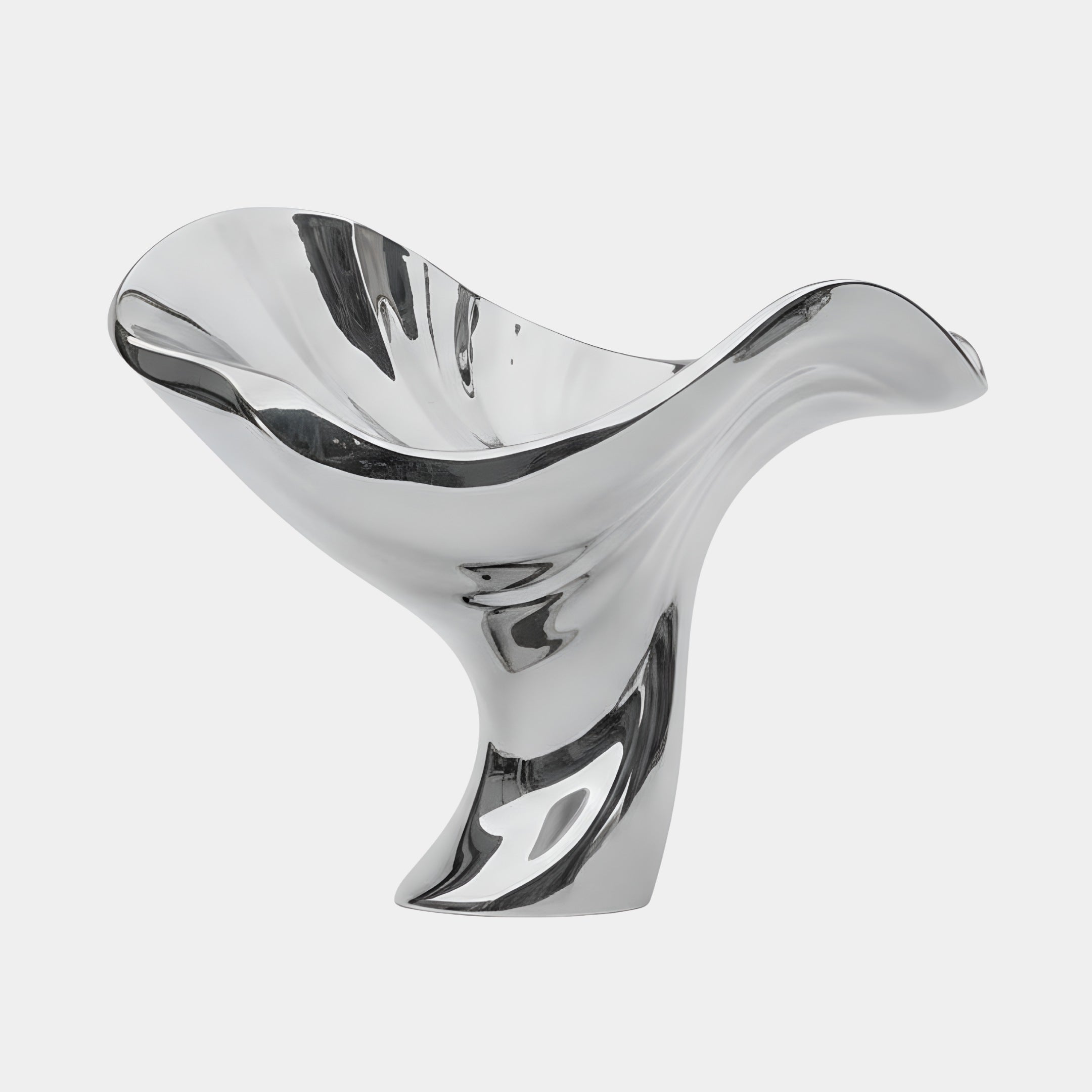 The Drift Wave Silver Abstract Steel Sculpture (200cm) by Giant Sculptures features smooth, flowing curves and a reflective finish, creating a modern organic form in silver steel against a white background.