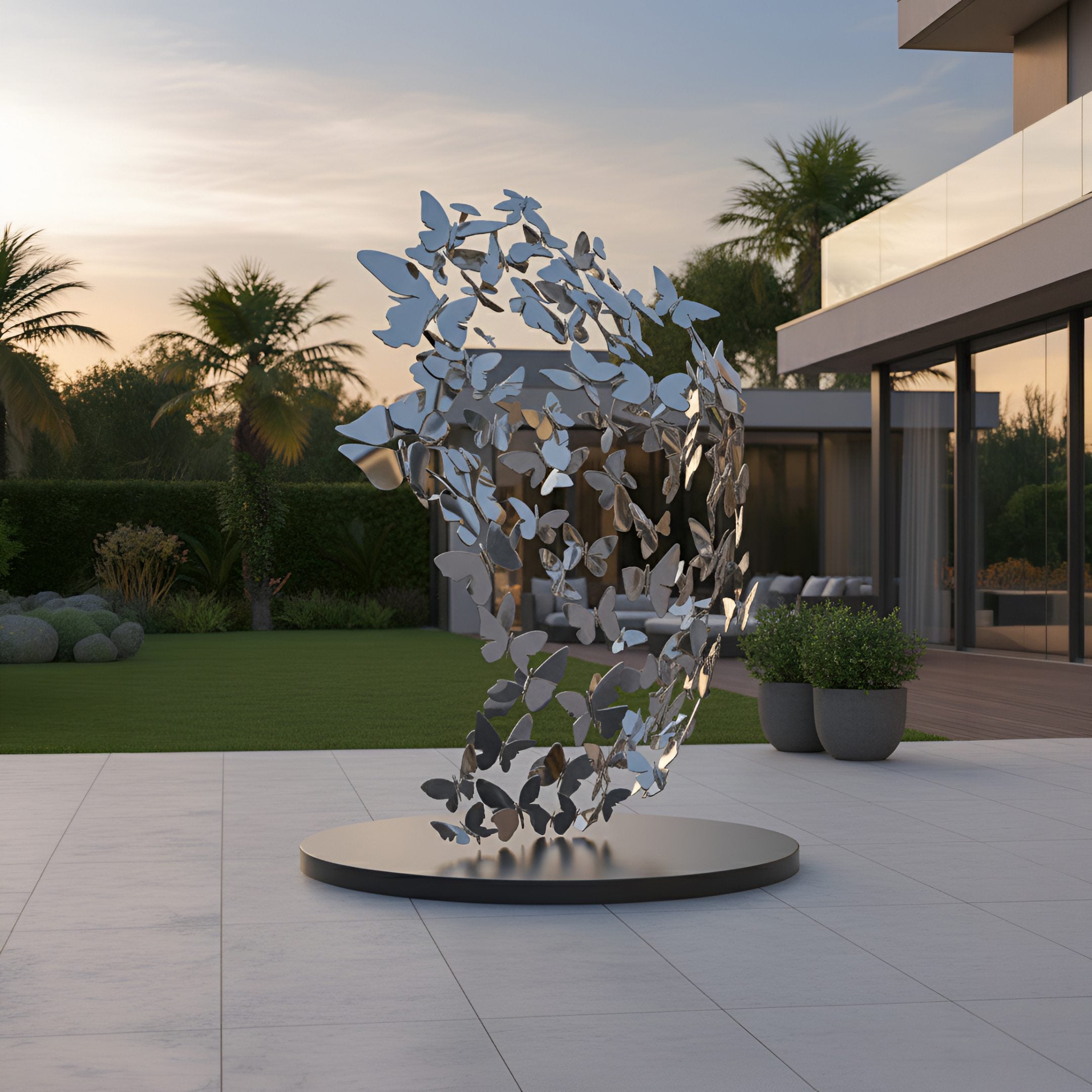 The Flutter Silver Butterfly Steel Sculpture - 200cm by Giant Sculptures features a silver butterfly design forming a human head on a circular base, set in a landscaped patio with green lawn, palm trees, and a modern building backdrop.