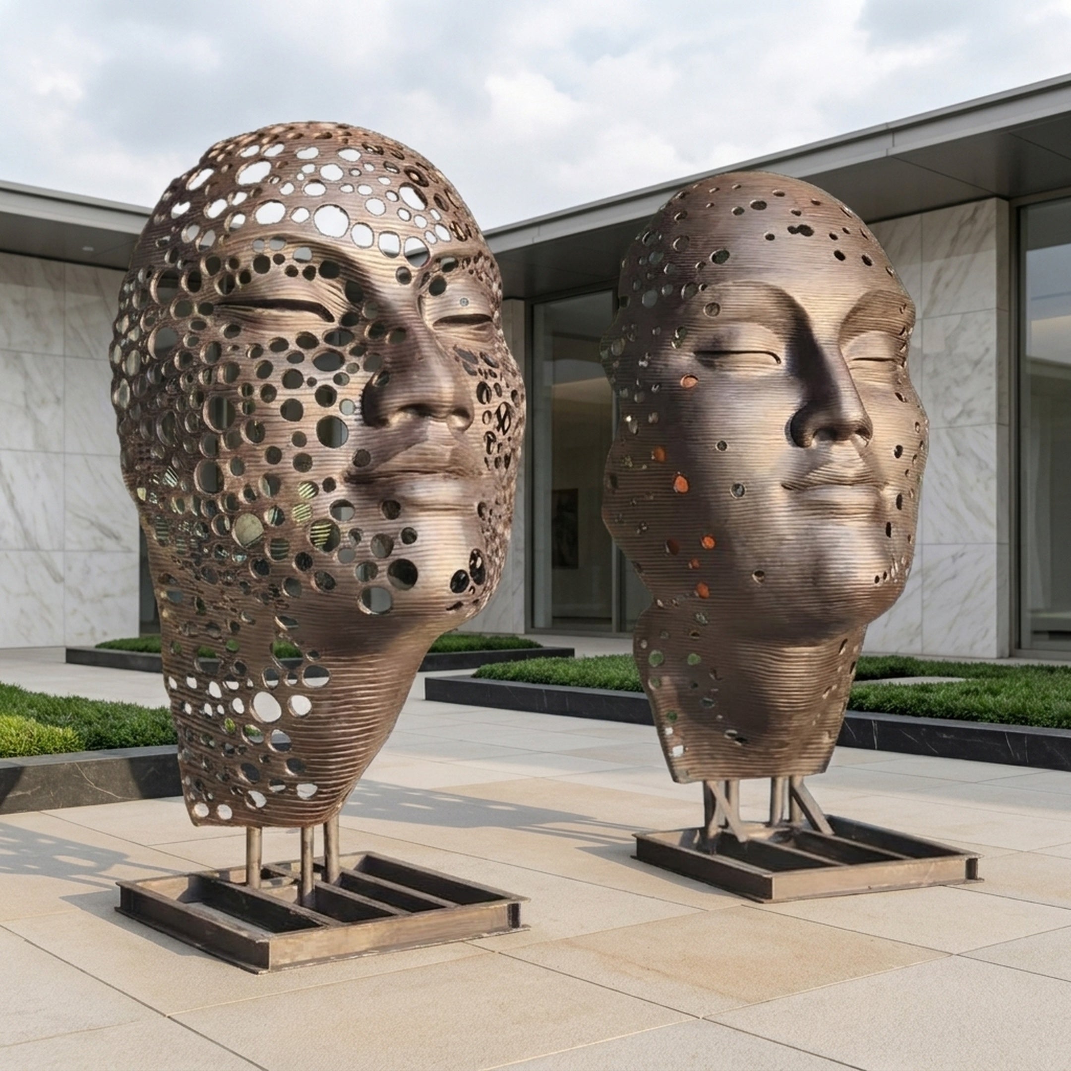 Giant Contemporary Perforated Heads Bronze Sculpture by Giant Sculptures, two 220cm bronze faces with circular cutouts on slim pedestals in a stone courtyard.