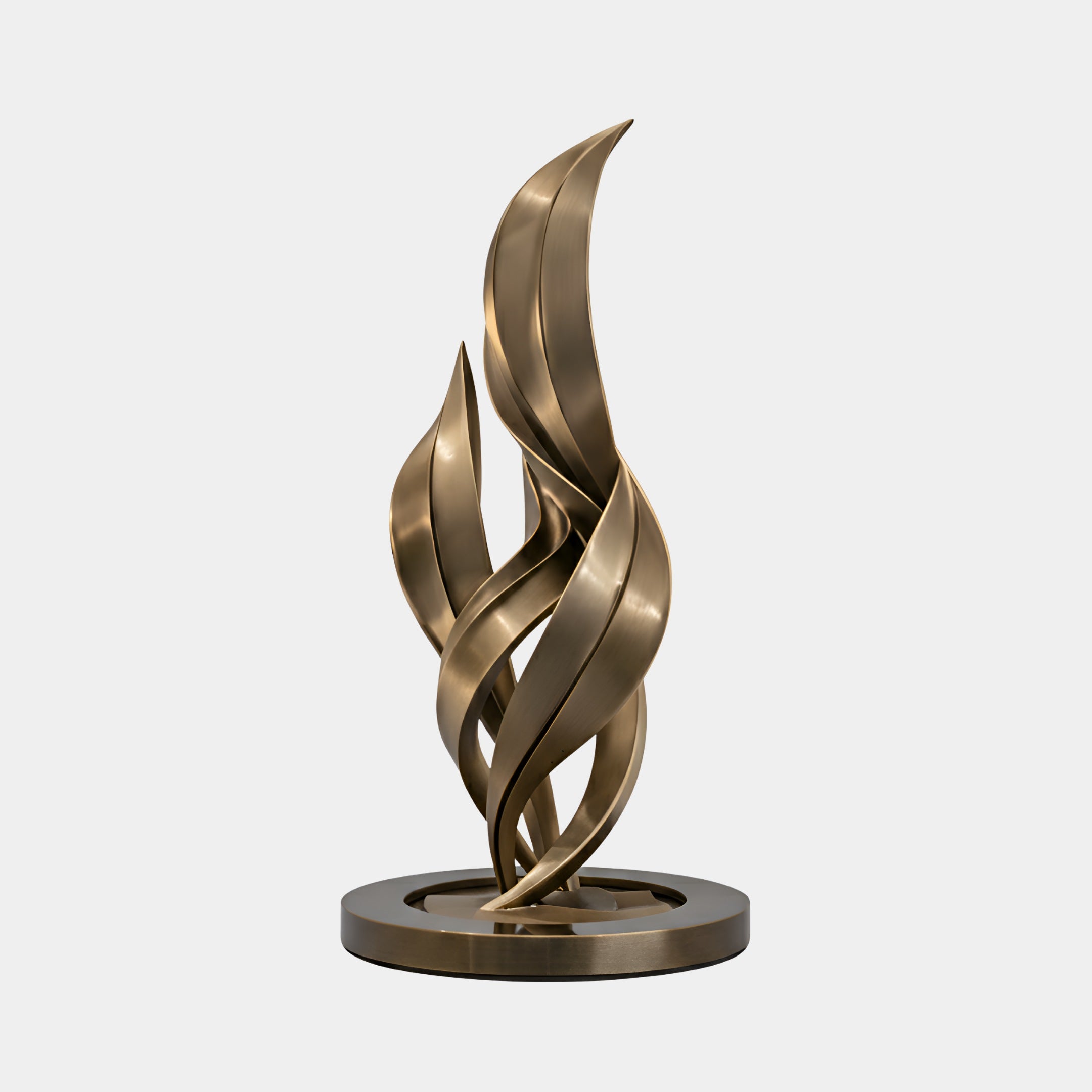 The Ignite Bronze Abstract Steel Sculpture by Giant Sculptures stands 220cm tall, featuring three intertwined, flame-like forms rising from a round base, set against a plain light background.