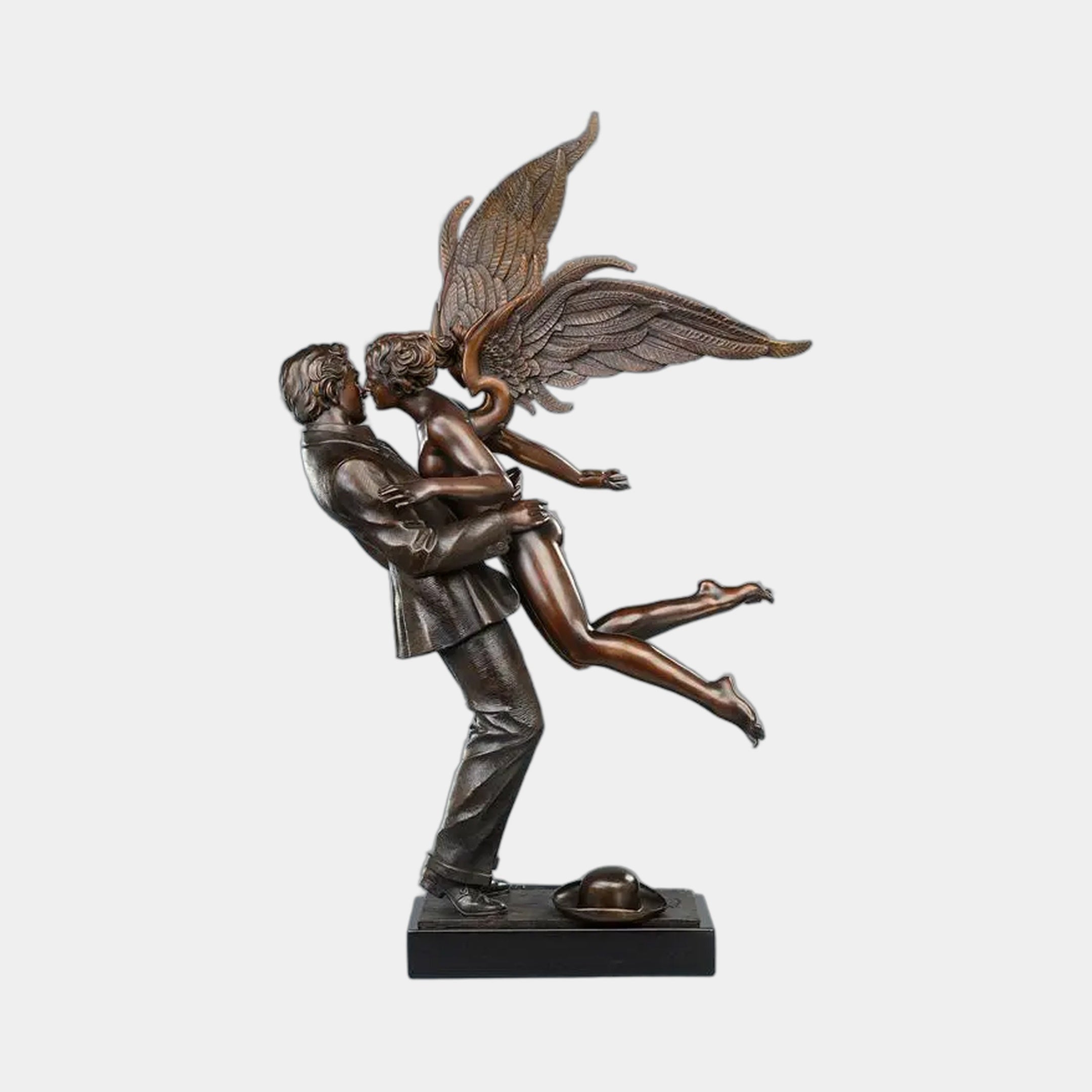 Large Classical Angel and Male Figure Bronze Sculpture by Giant Sculptures, showing a man embracing a winged female figure mid-kiss, on a dark plinth.