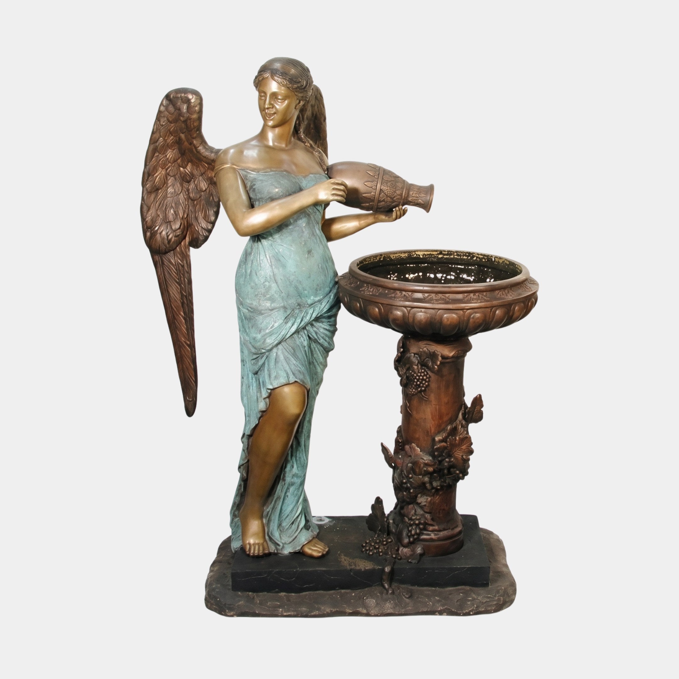 Giant Sculptures Large Classical Angel with Urn and Bird Bath Bronze Fountain 230cm, winged figure in verdigris robes pouring from urn into pedestal basin.