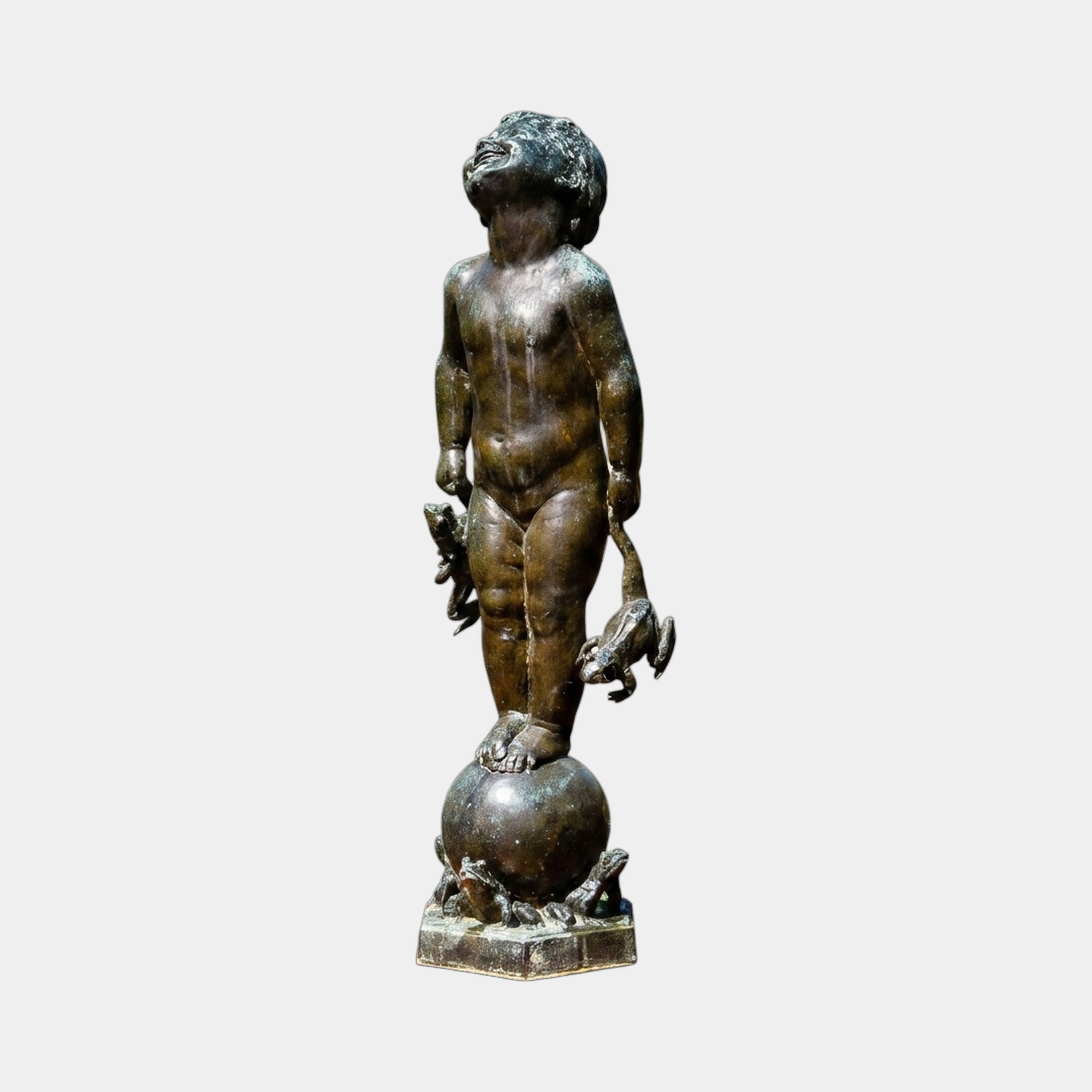 Large Classical Boy with Frogs Bronze Fountain by Giant Sculptures, 180cm nude figure with verdigris patina balanced on a sphere with frogs, on plain background.