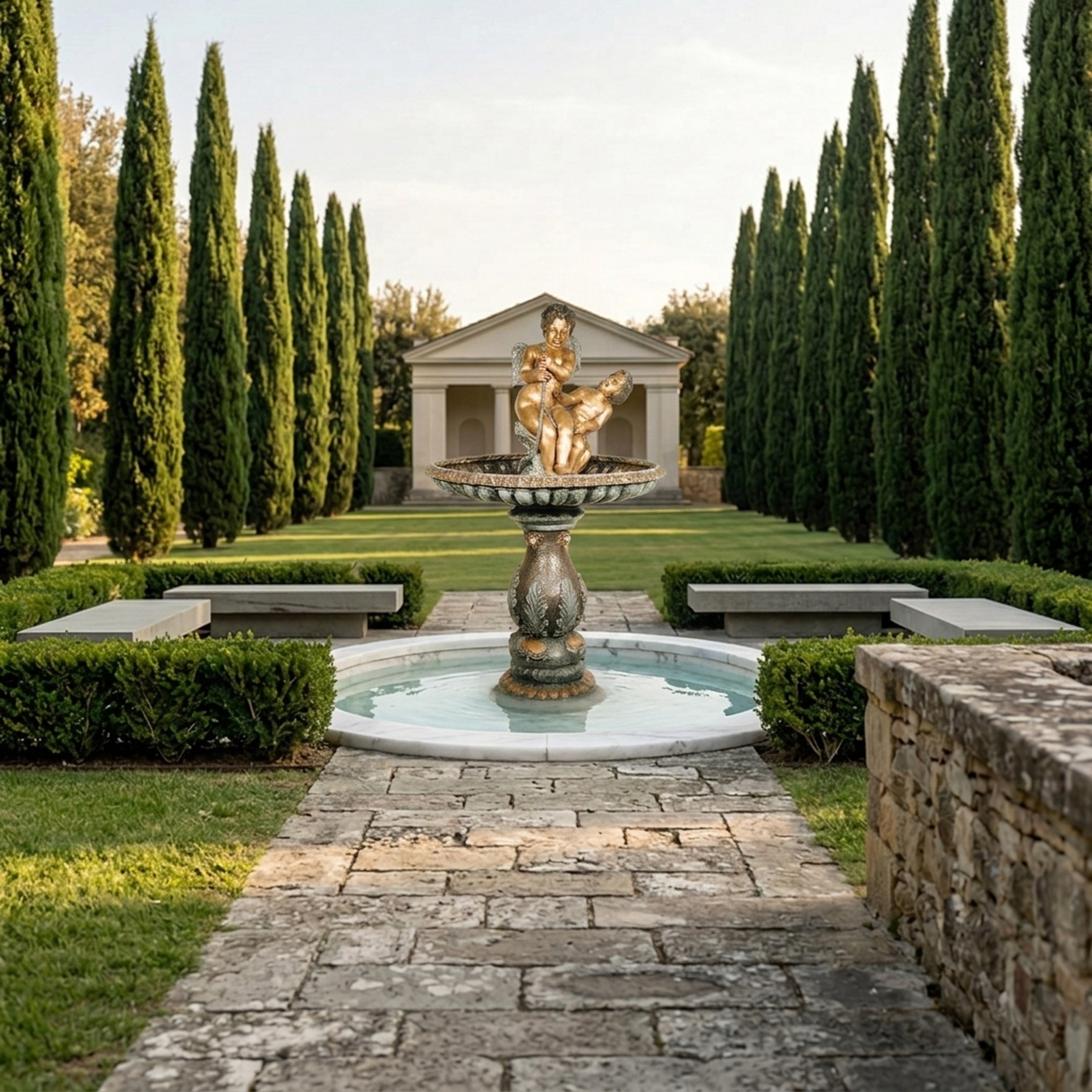 Large Classical Cherub Fountain Bronze Fountain by Giant Sculptures with two gold cherubs on a tiered basin, set in a cypress-lined formal garden.
