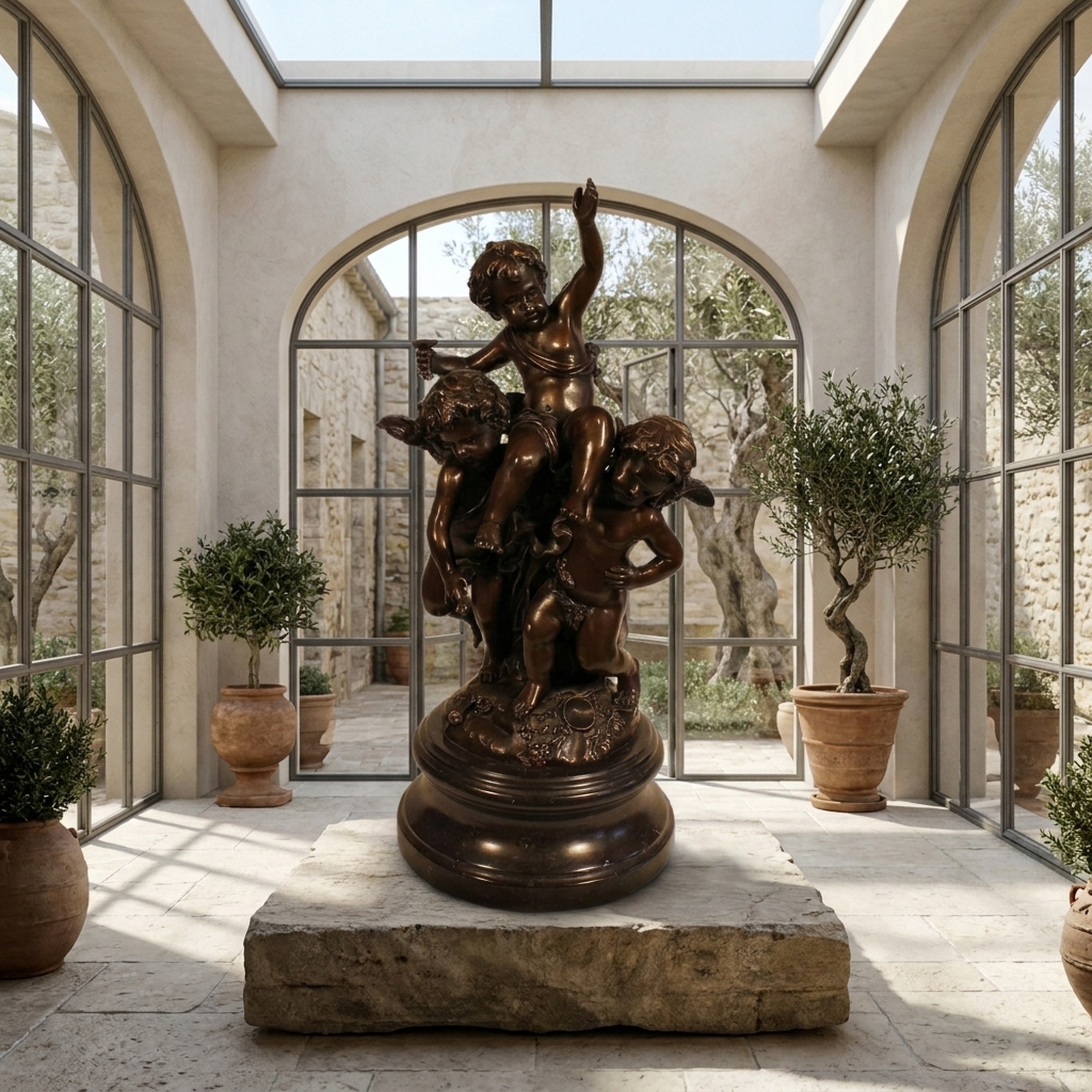 Large Classical Cherubs and Central Figure Bronze Sculpture by Giant Sculptures displayed on a stone plinth in a sunlit arched conservatory with olive trees.