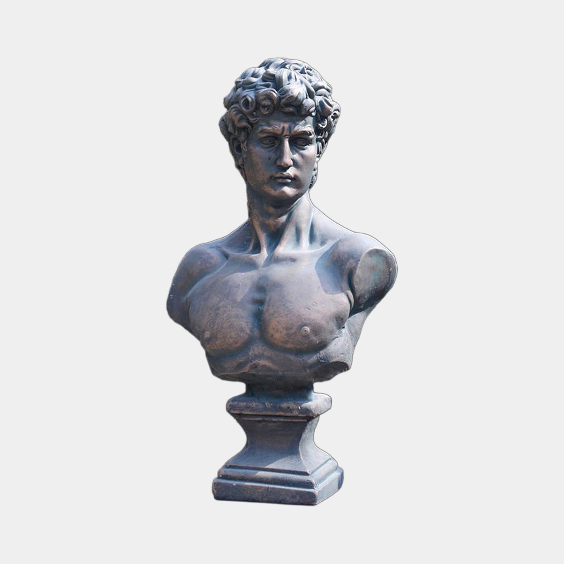 Giant Sculptures' 80cm Large Classical David Bust in dark bronze with warm brown highlights, head turned slightly, mounted on a tiered rectangular plinth against a light grey background.