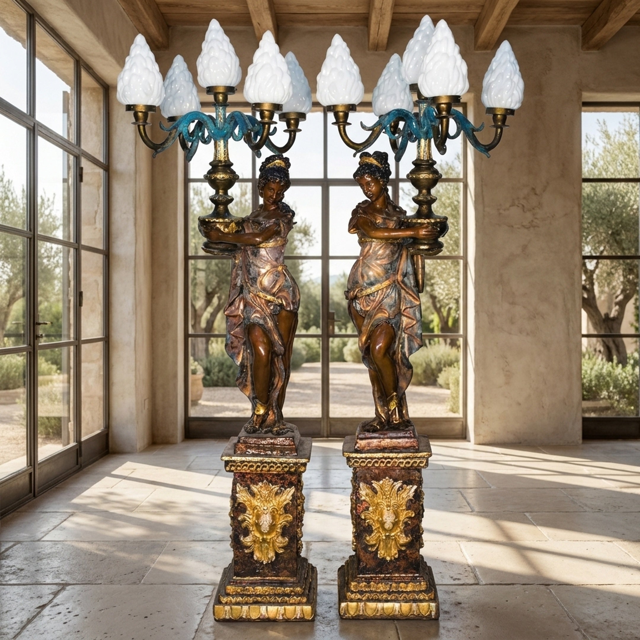 Pair of Large Classical Draped Female Figure Candelabra Bronze Sculptures by Giant Sculptures, 210cm, with teal arms and flame shades, flanking a sunlit doorway.