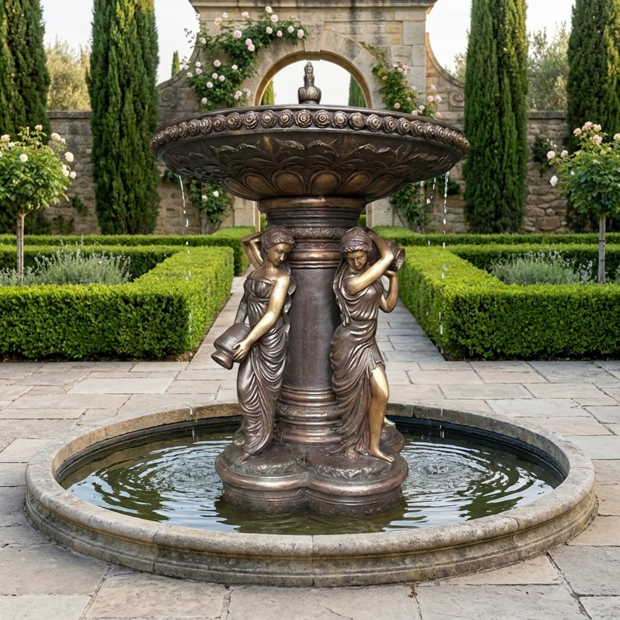 Giant Sculptures Large Classical Draped Figures and Urn Fountain Sculpture 240cm in dark antique bronze, set in a circular pool within a formal garden.