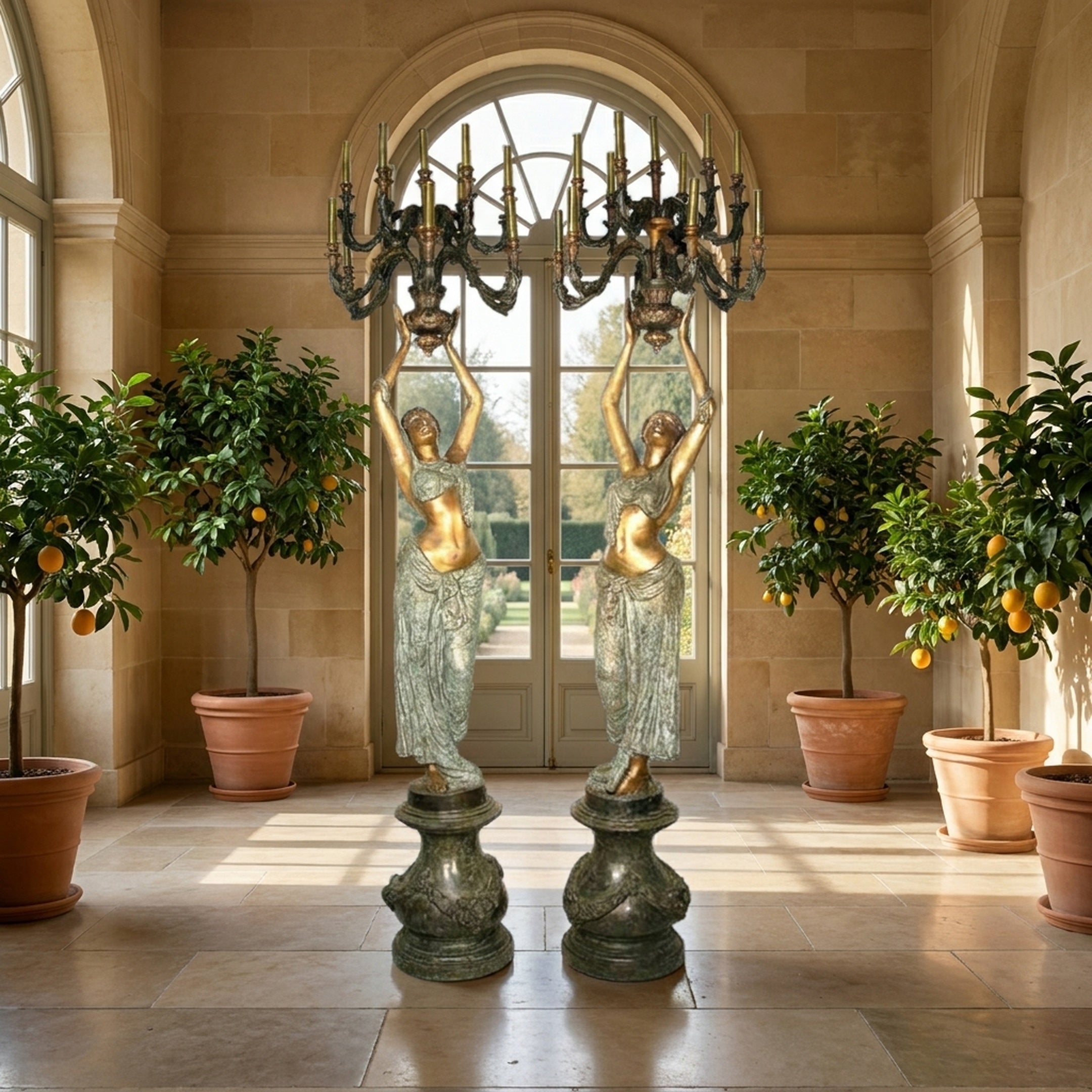 Pair of Large Classical Draped Goddess Candelabra Bronze Sculptures by Giant Sculptures in a stone orangery with lemon trees, gilded torsos raised.