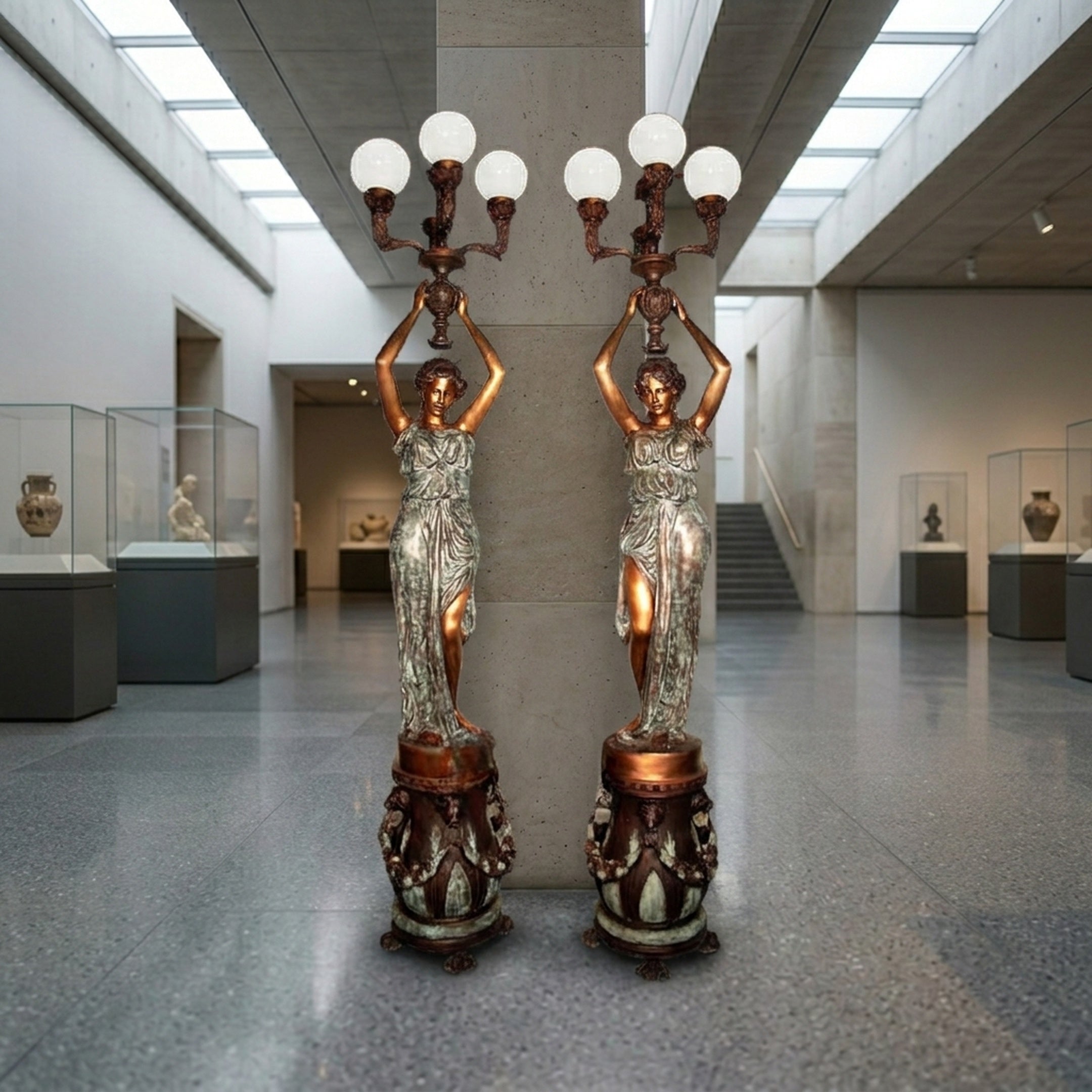 Large Classical Draped Goddess Candelabra Bronze Sculpture 250cm pair by Giant Sculptures, two-tone patina figures with globe lamps, shown in a gallery.