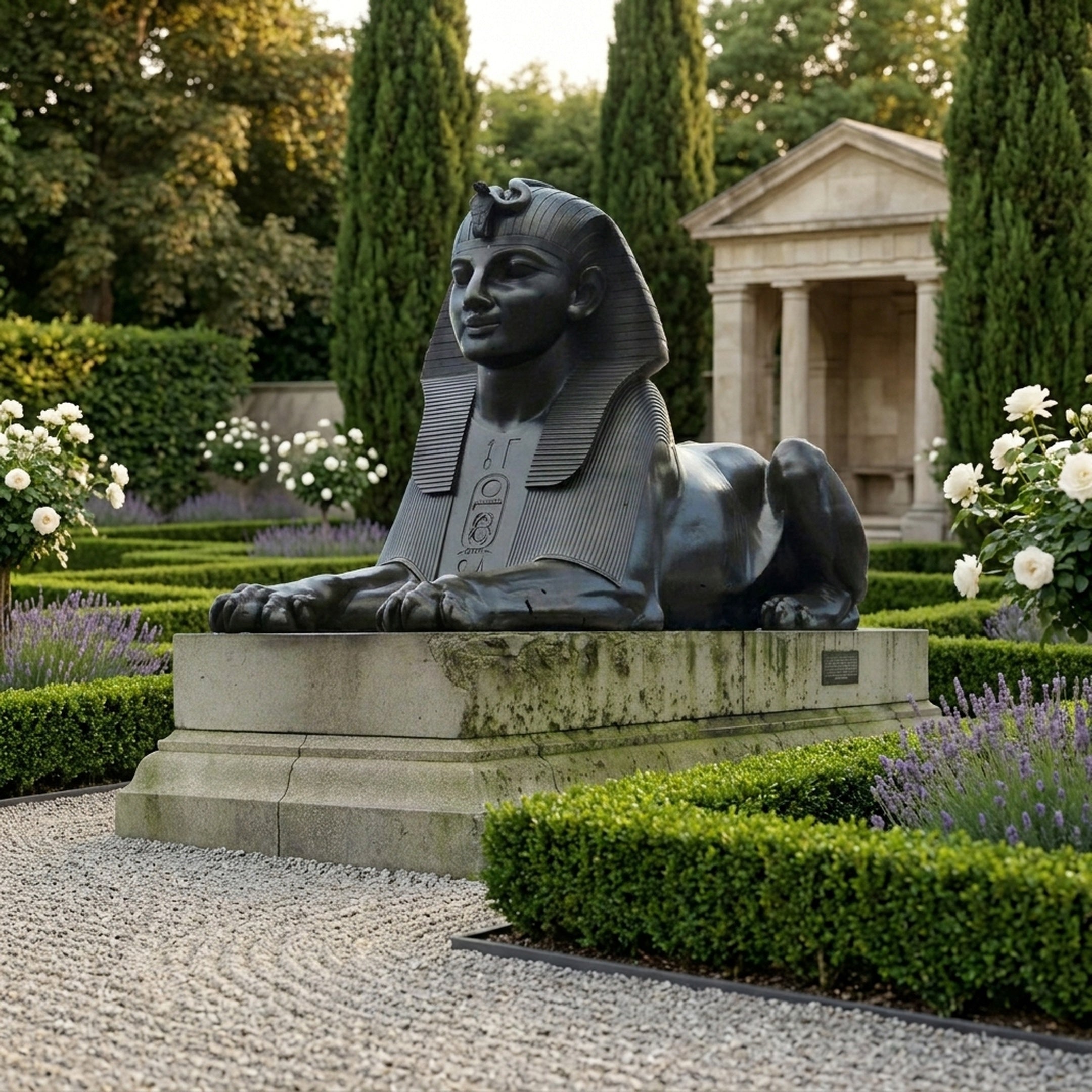 Large Classical Egyptian Sphinx Bronze Sculpture by Giant Sculptures, 180cm recumbent figure with dark patina on a stone plinth in a formal hedged garden.