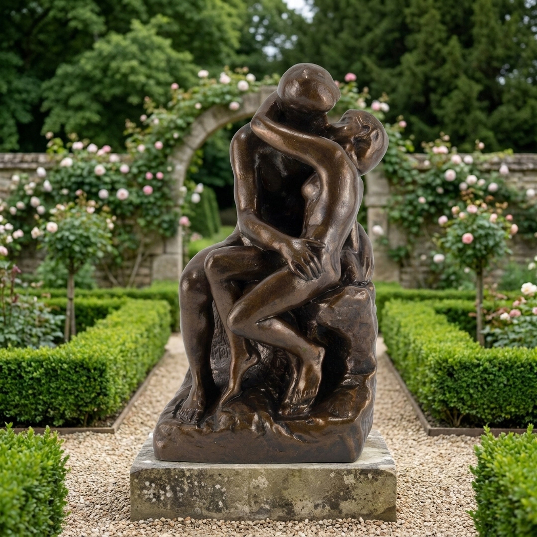 Large Classical Embracing Figures Bronze Sculpture by Giant Sculptures, 180cm, on a stone plinth in a formal rose garden with boxwood hedges and arch.