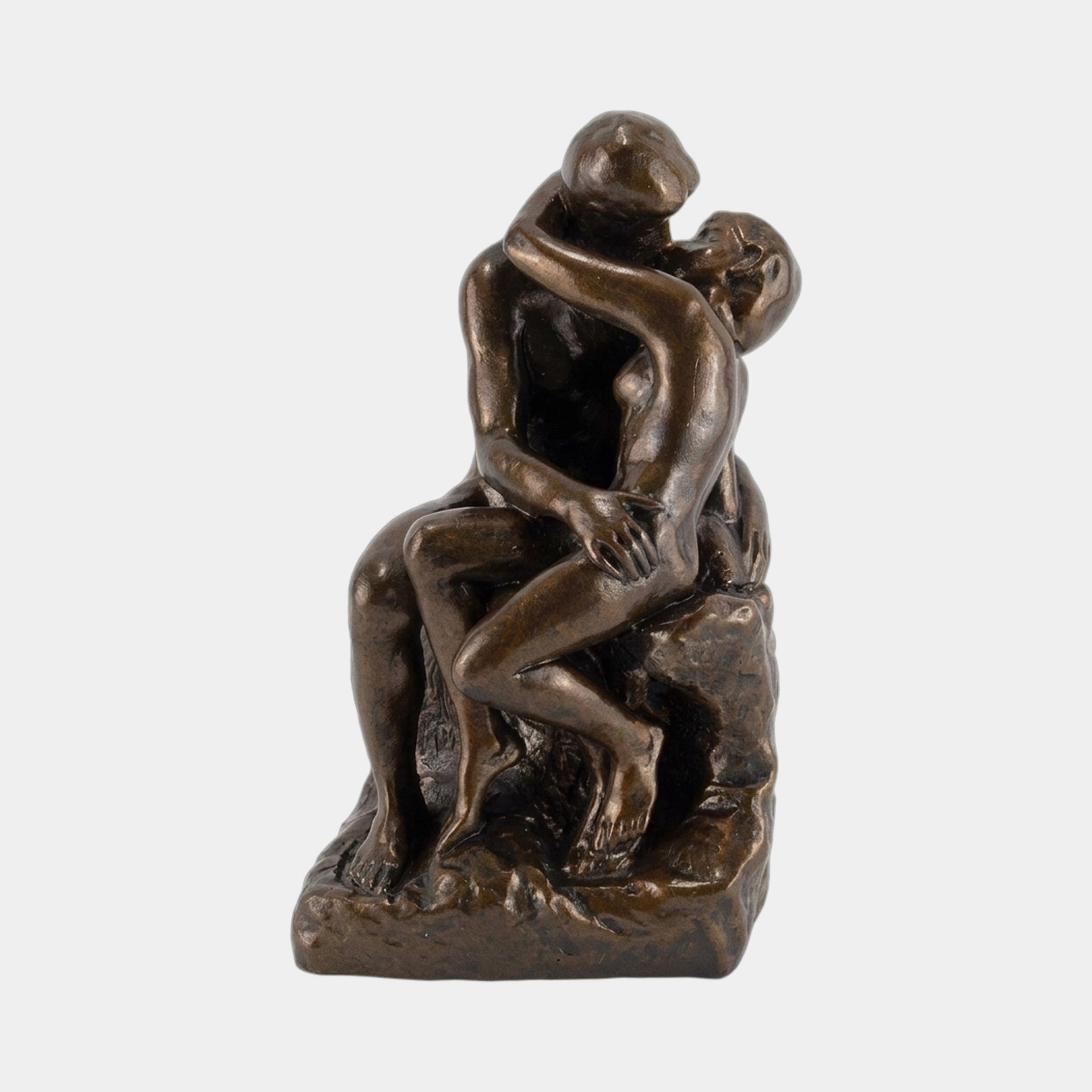 Large Classical Embracing Figures Bronze Sculpture by Giant Sculptures, showing two nude figures kissing on a rocky base in warm mid-brown patina.