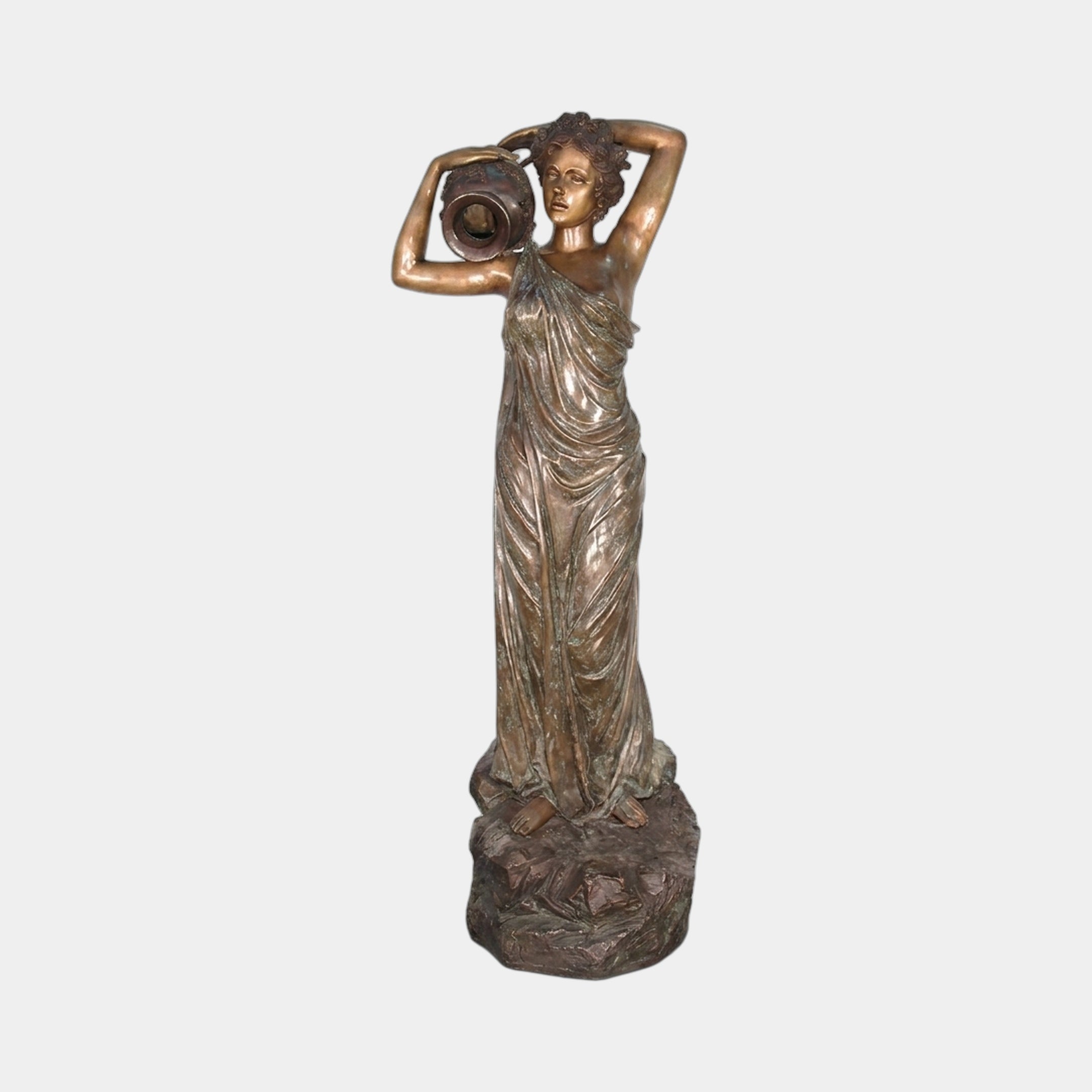 Large Classical Female Figure Bronze Fountain by Giant Sculptures, 190cm draped woman lifting a tilted urn overhead on a rocky base, warm brown patina.