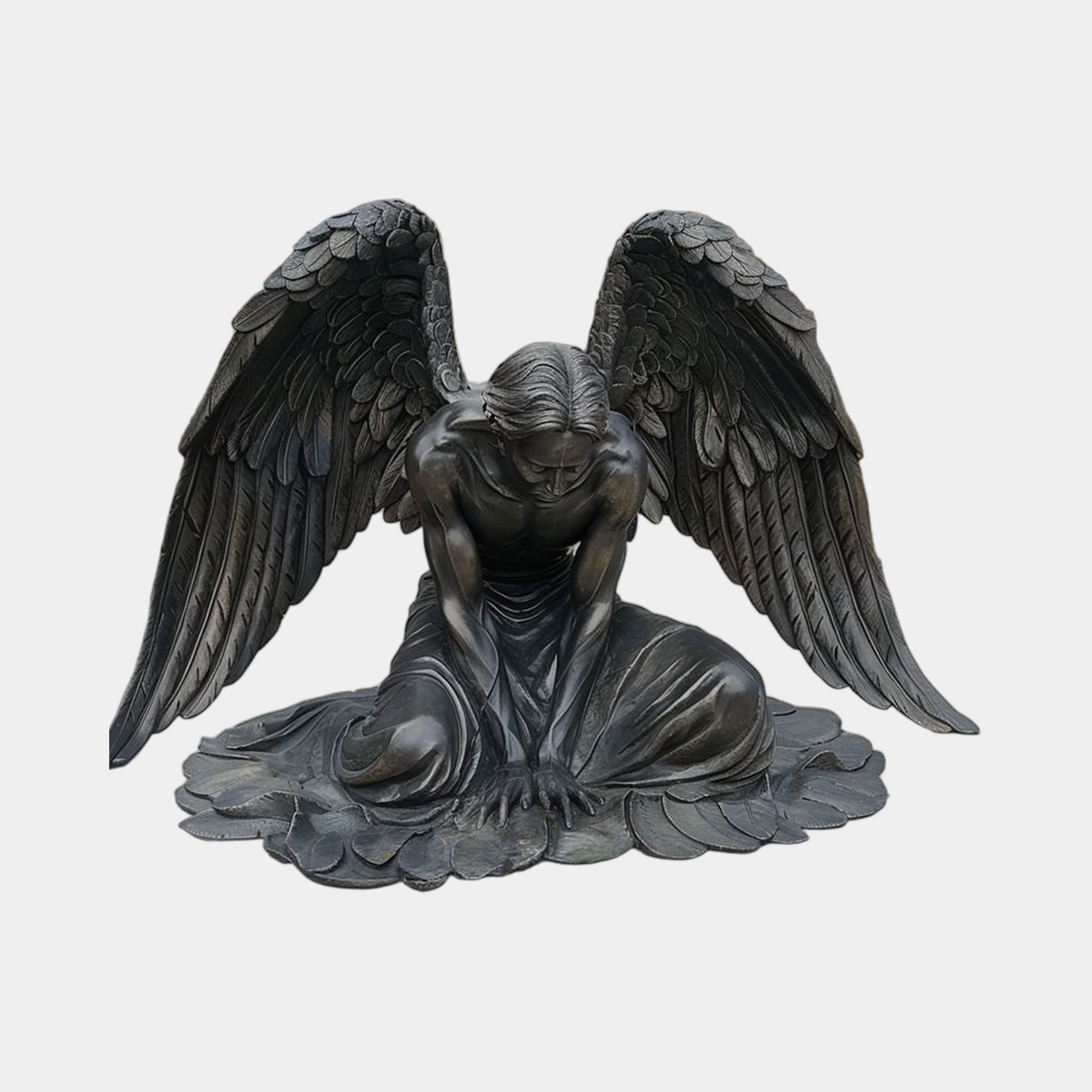 Large Classical Kneeling Angel Bronze Sculpture by Giant Sculptures, dark patina figure kneeling with head bowed and wings spread wide, on a plain background.