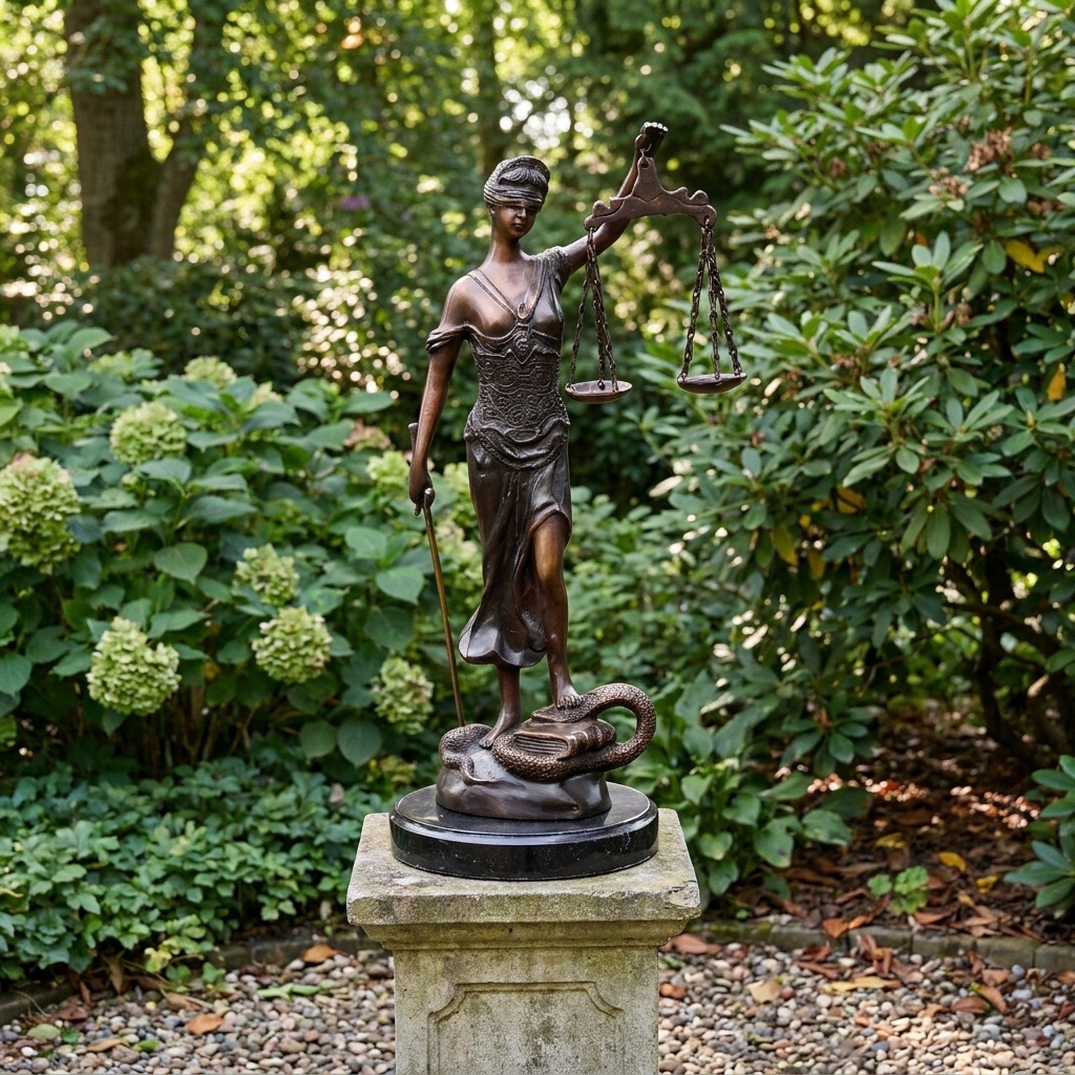 Large Classical Lady Justice Bronze Statue by Giant Sculptures on a stone plinth in a garden, holding scales and sword above a serpent and books.