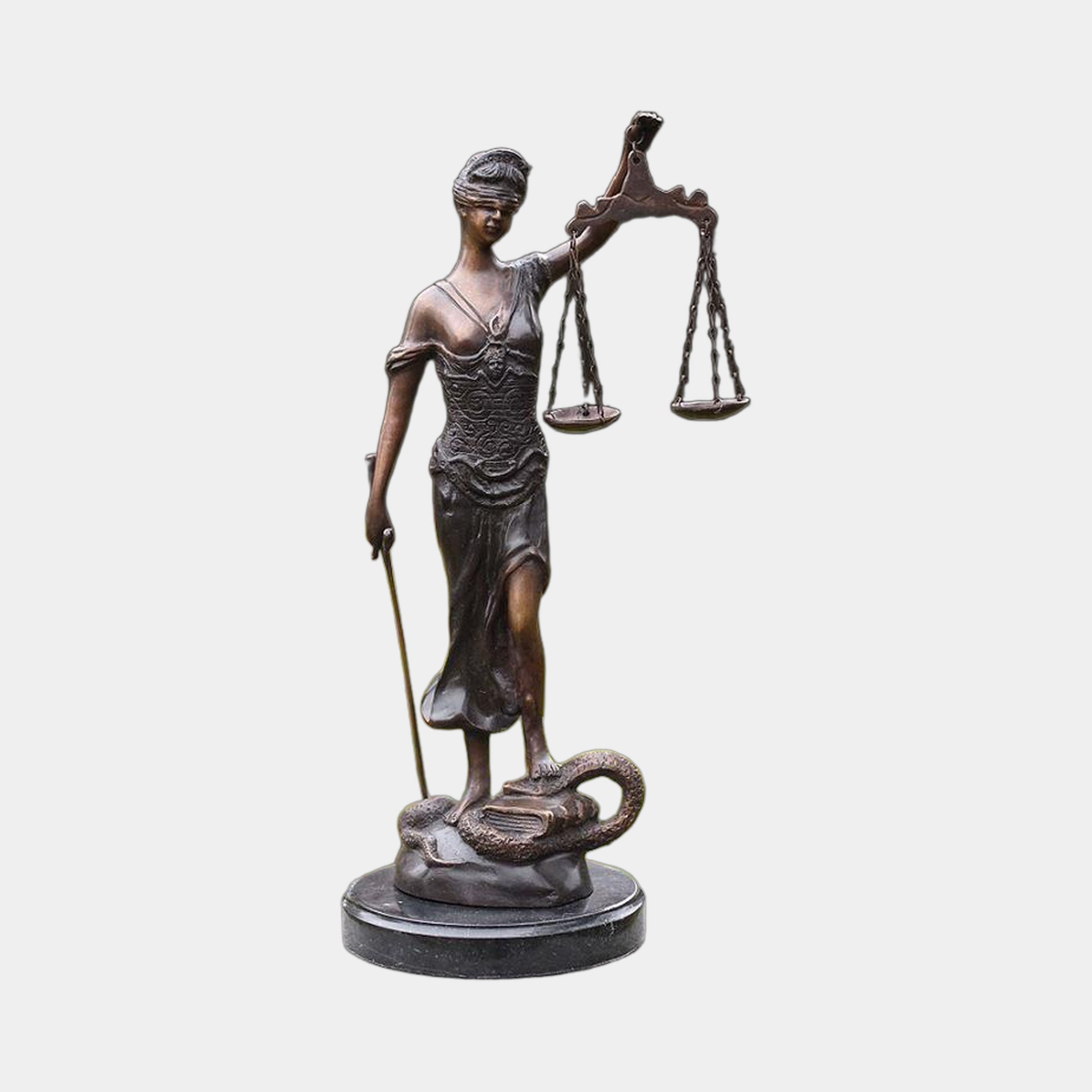 Large Classical Lady Justice Bronze Statue by Giant Sculptures, blindfolded figure holding raised scales and lowered sword above a serpent and books on a marble base.