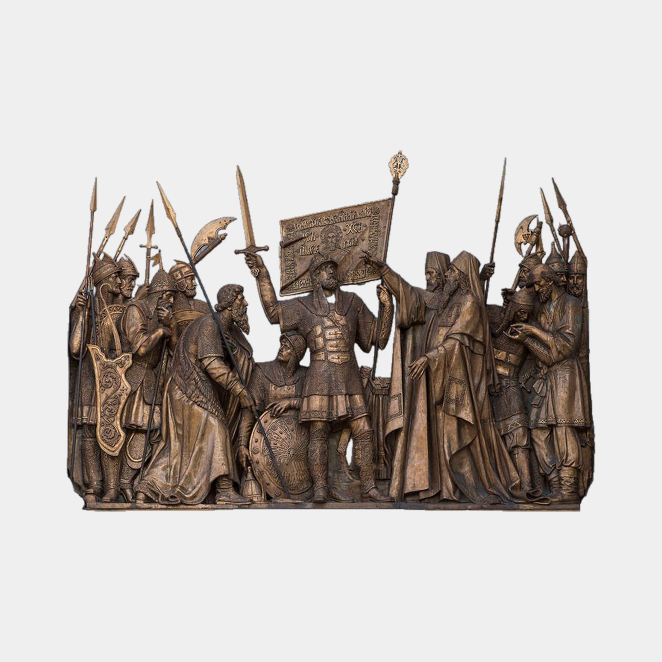 Large Classical Medieval Warriors Bronze Relief by Giant Sculptures, 200cm cast bronze panel of armoured commander raising a sword among spearmen and clerics.