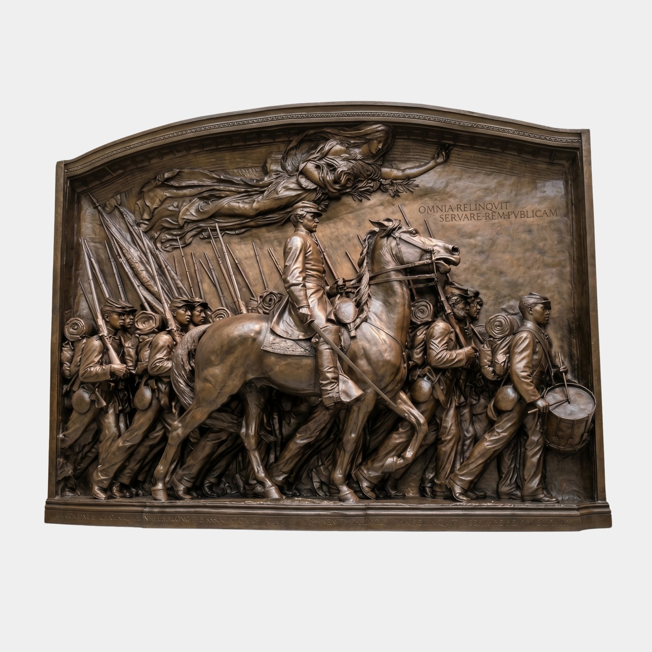 Giant Sculptures Large Classical Mounted Officer and Infantry Bronze Relief 200cm, dark patinated panel with mounted officer leading infantry beneath a winged allegorical figure.