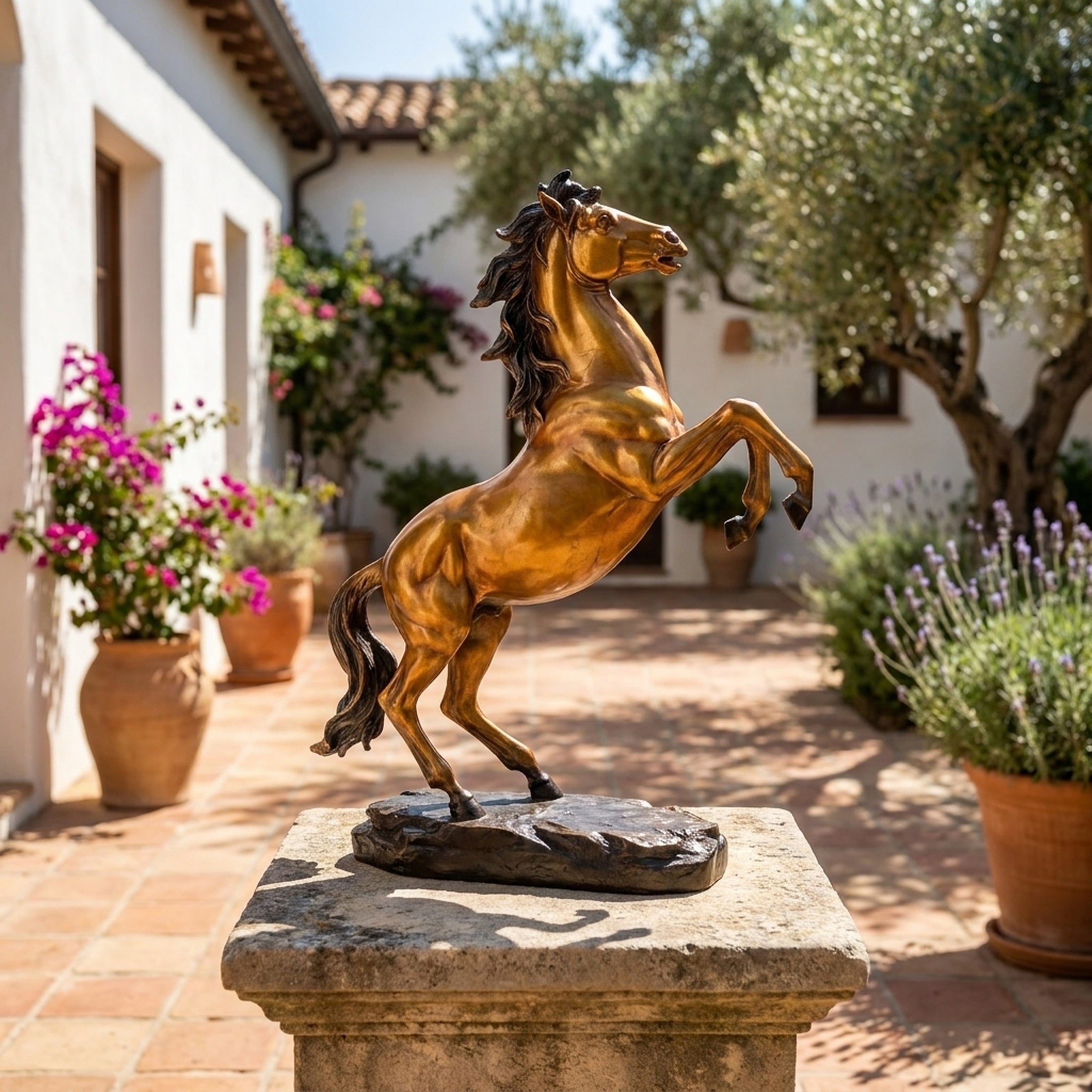 Large Classical Rearing Horse Bronze Sculpture by Giant Sculptures with golden-amber patina on a stone plinth in a Mediterranean courtyard with olive trees.