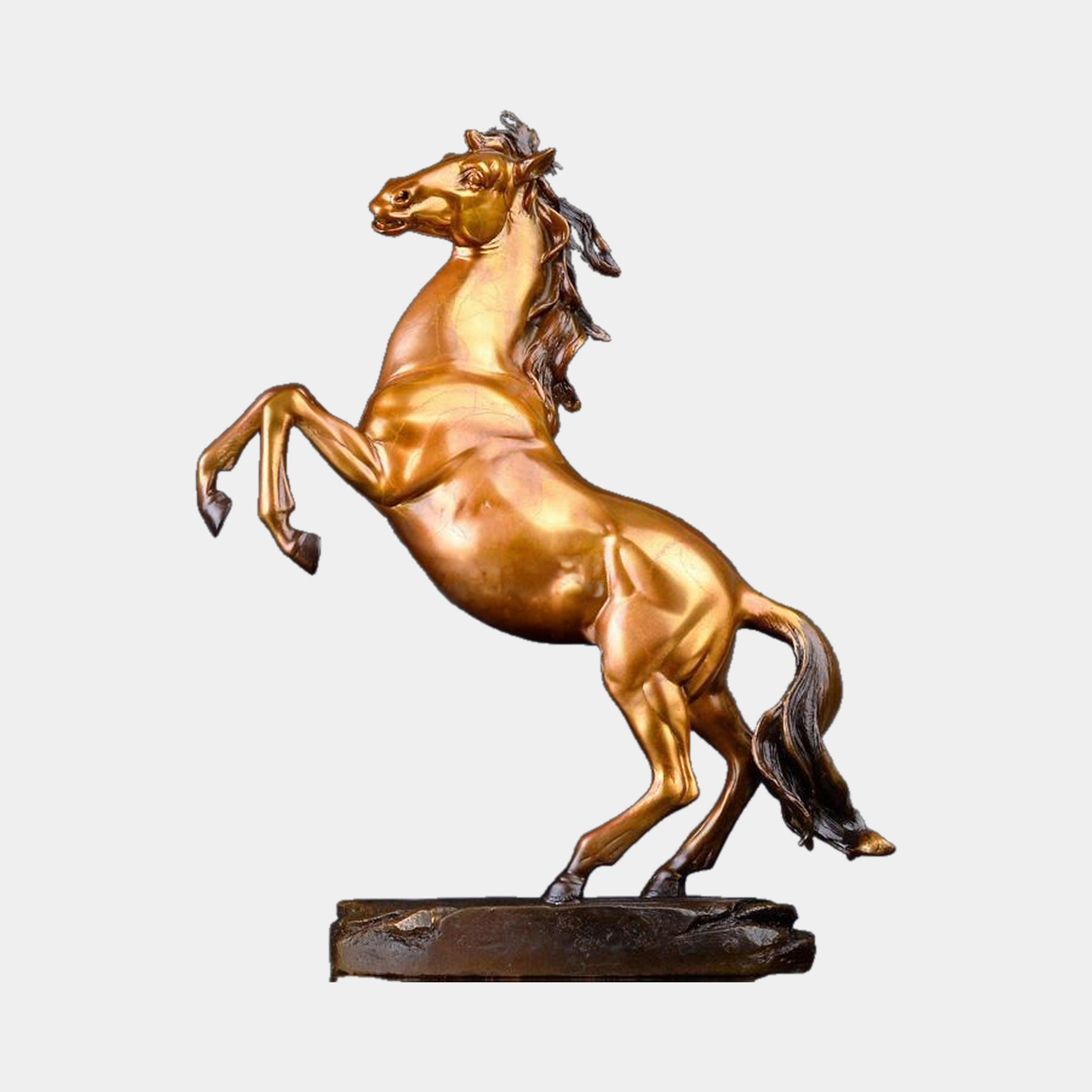 Giant Sculptures Large Classical Rearing Horse Bronze Sculpture 180cm in warm golden-amber patina with darker mane, tail, and rocky base, on a plain background.