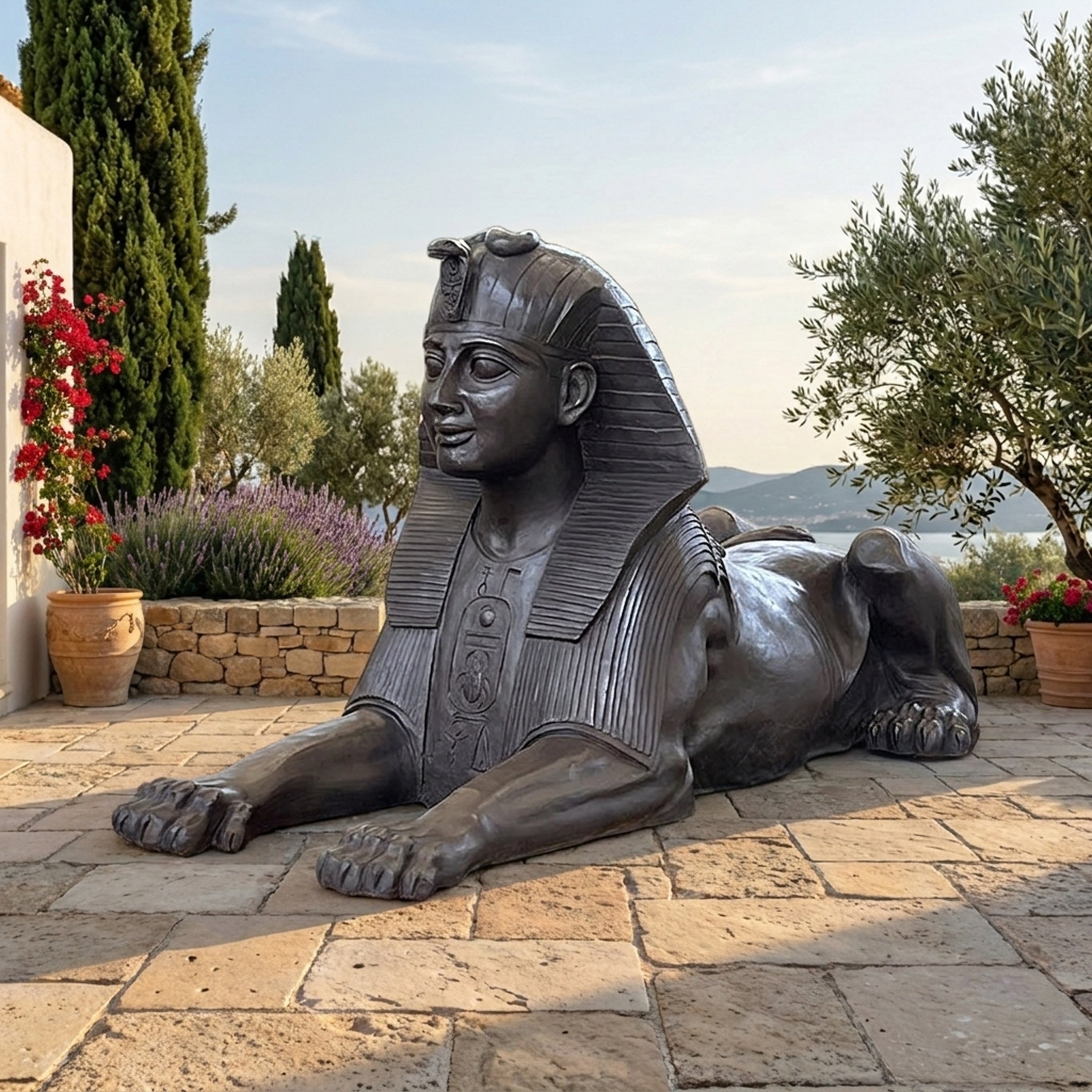 Large Classical Recumbent Egyptian Sphinx Bronze Sculpture by Giant Sculptures shown on a stone terrace with cypress trees and a coastal view behind.