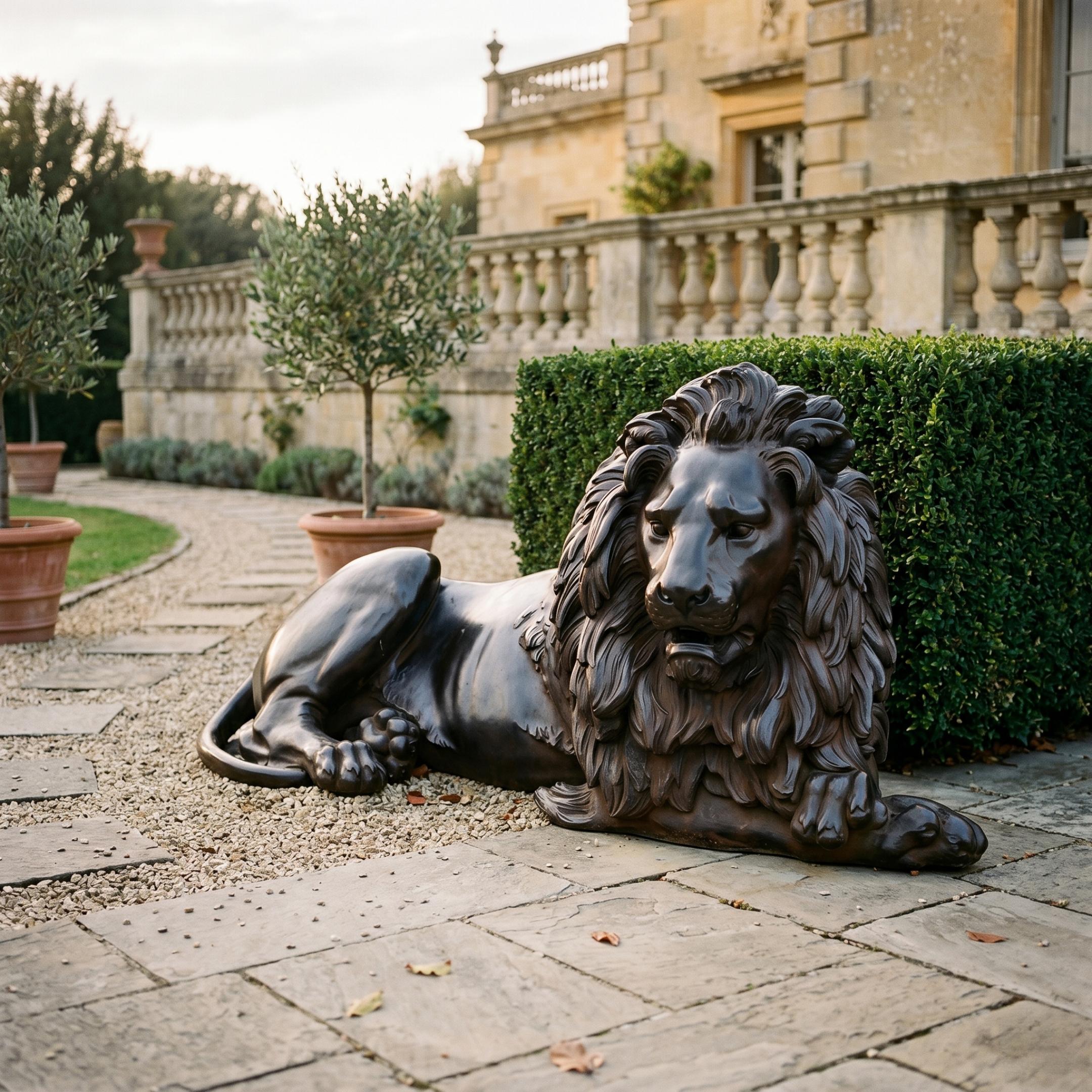 Large Classical Recumbent Lion Bronze Sculpture by Giant Sculptures with dark patina, resting on a gravel terrace beside clipped hedges and a balustraded estate.