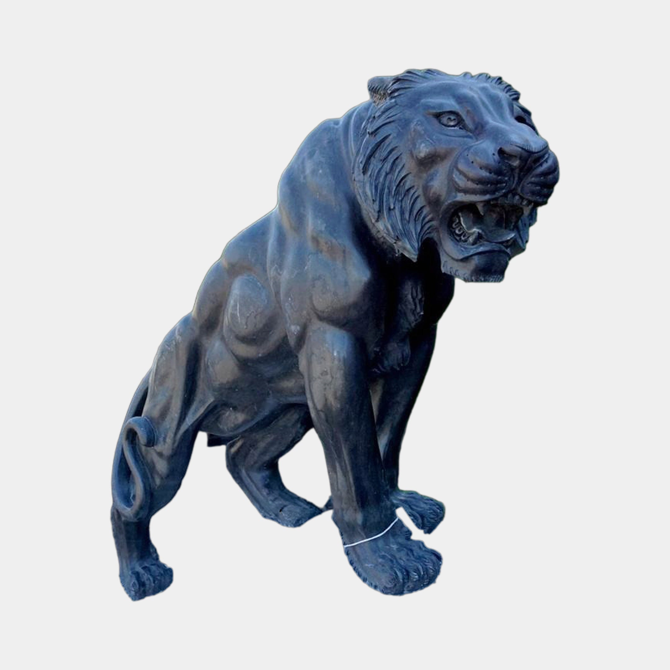 Large Classical Roaring Tiger Bronze Sculpture by Giant Sculptures in dark patina, shown crouched with snarling open mouth and braced paws on a plain background.