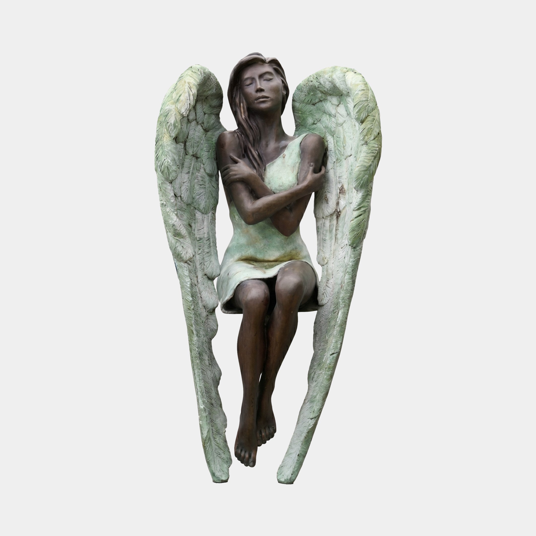 Large Classical Seated Angel Bronze Sculpture by Giant Sculptures, 180cm, with two-tone verdigris wings, arms crossed at chest, against a plain background.